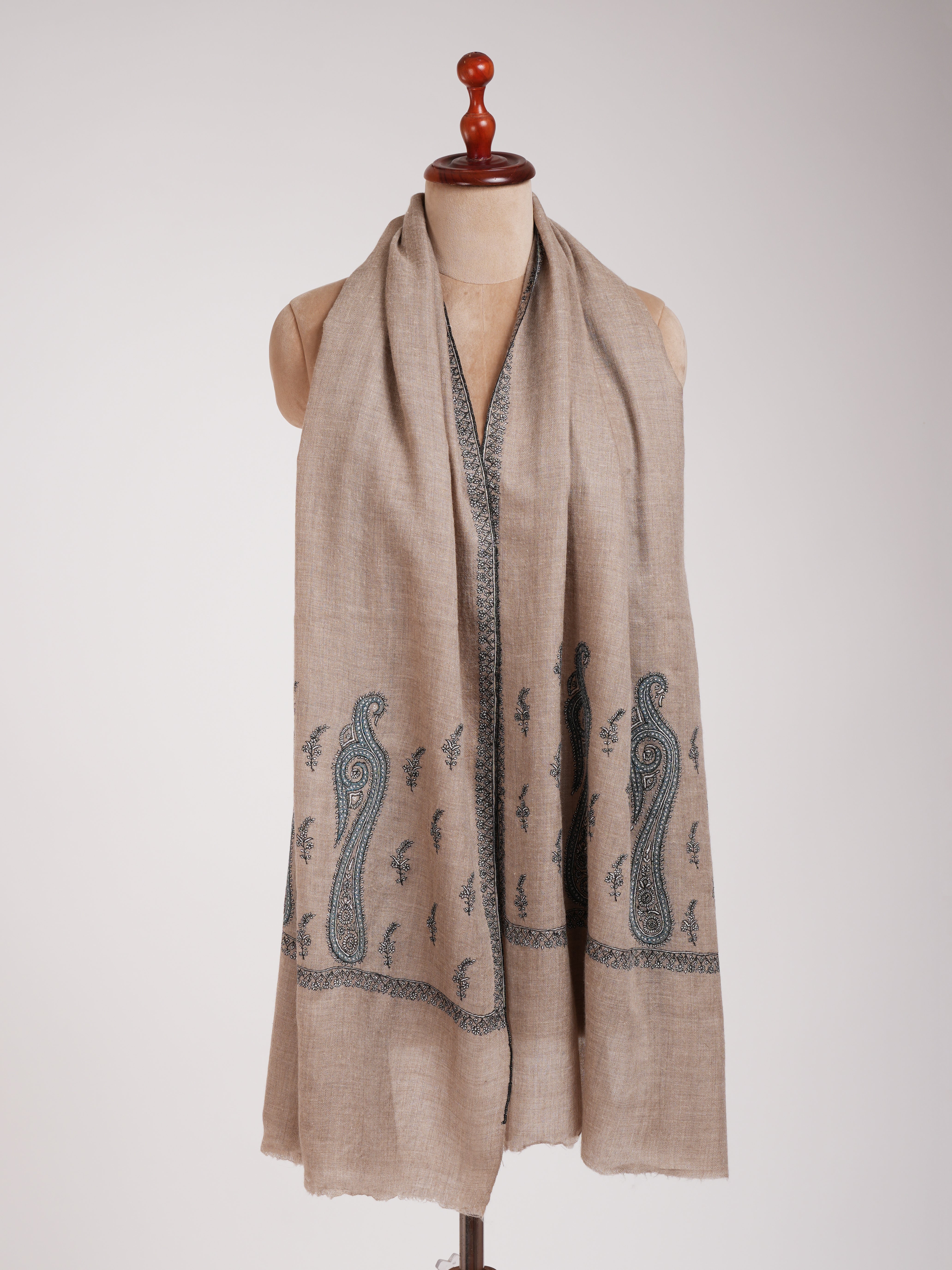 Natural Grey Palla Embroidered Featherlight Cashmere Scarf