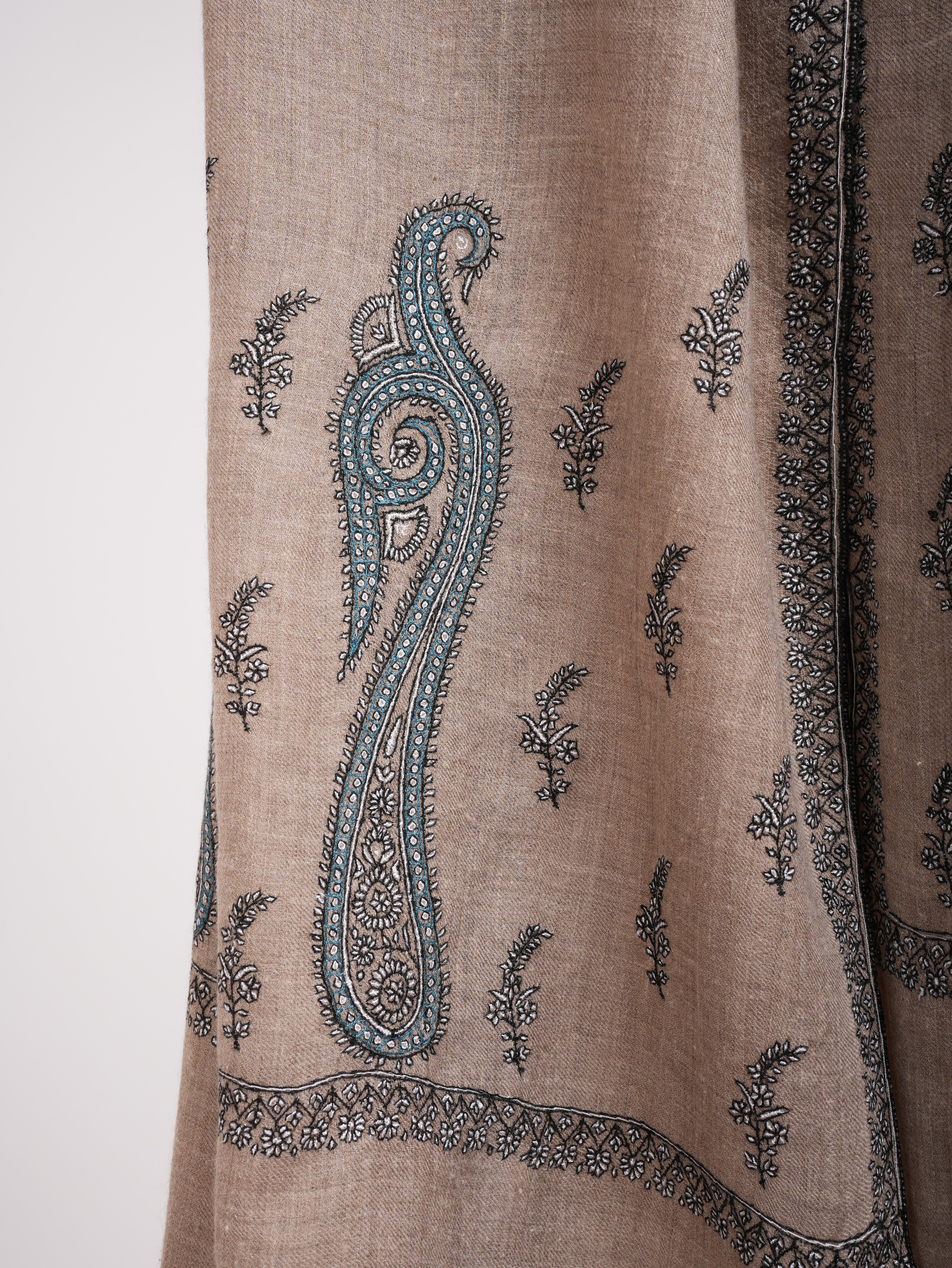 Natural Grey Palla Embroidered Featherlight Cashmere Scarf