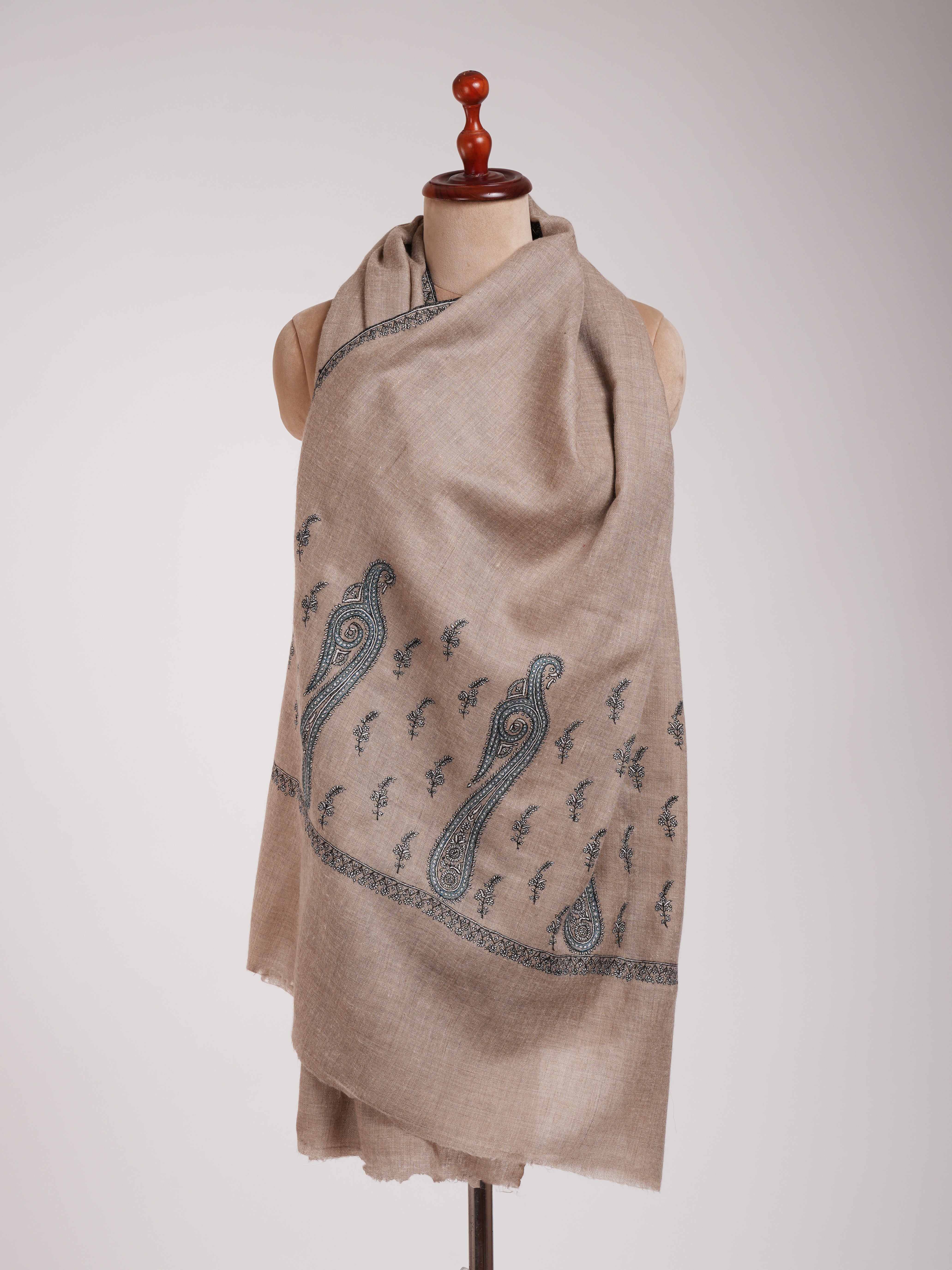 Natural Grey Palla Embroidered Featherlight Cashmere Scarf