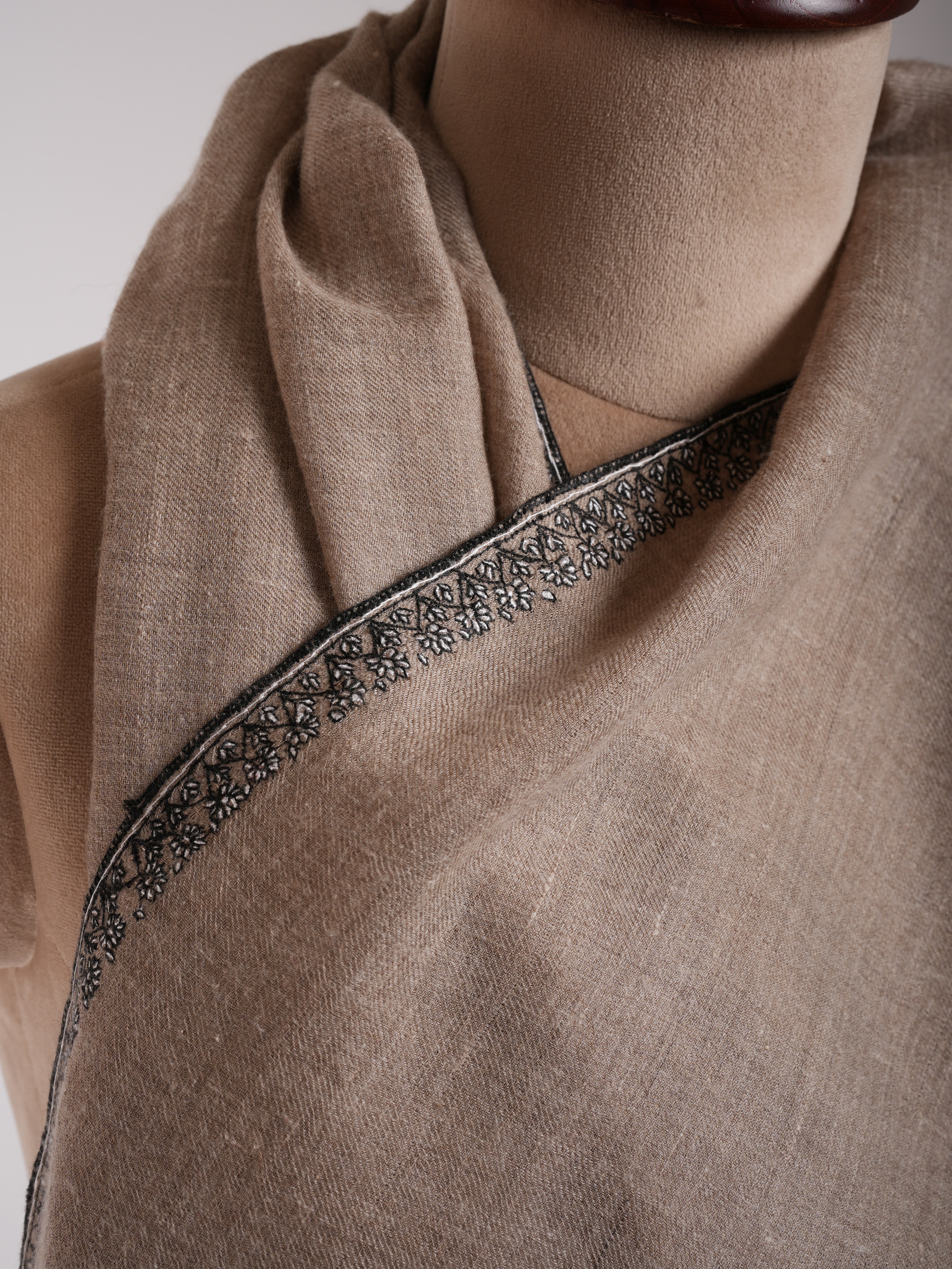 Natural Grey Palla Embroidered Featherlight Cashmere Scarf