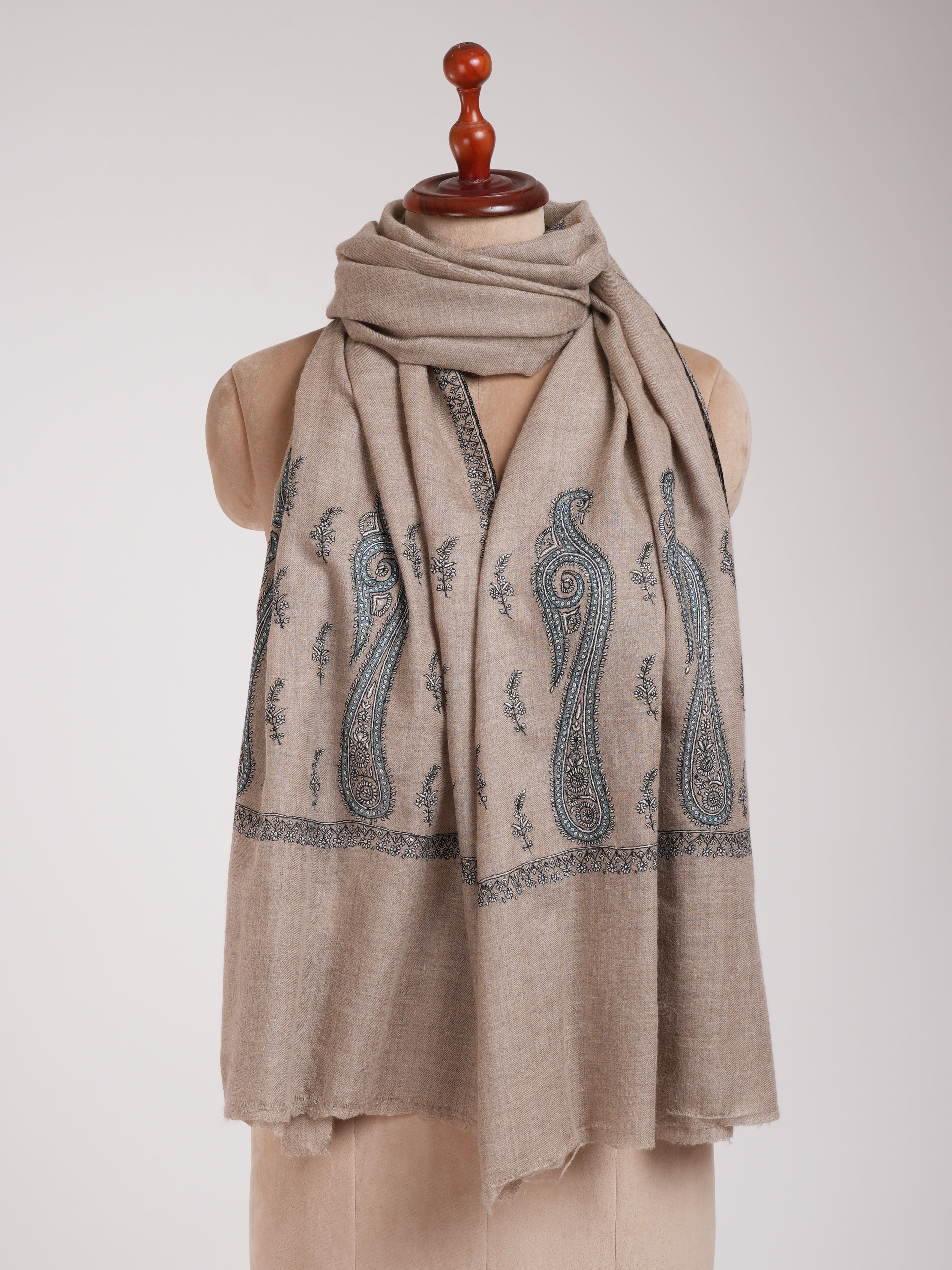 Natural Grey Palla Embroidered Featherlight Cashmere Scarf