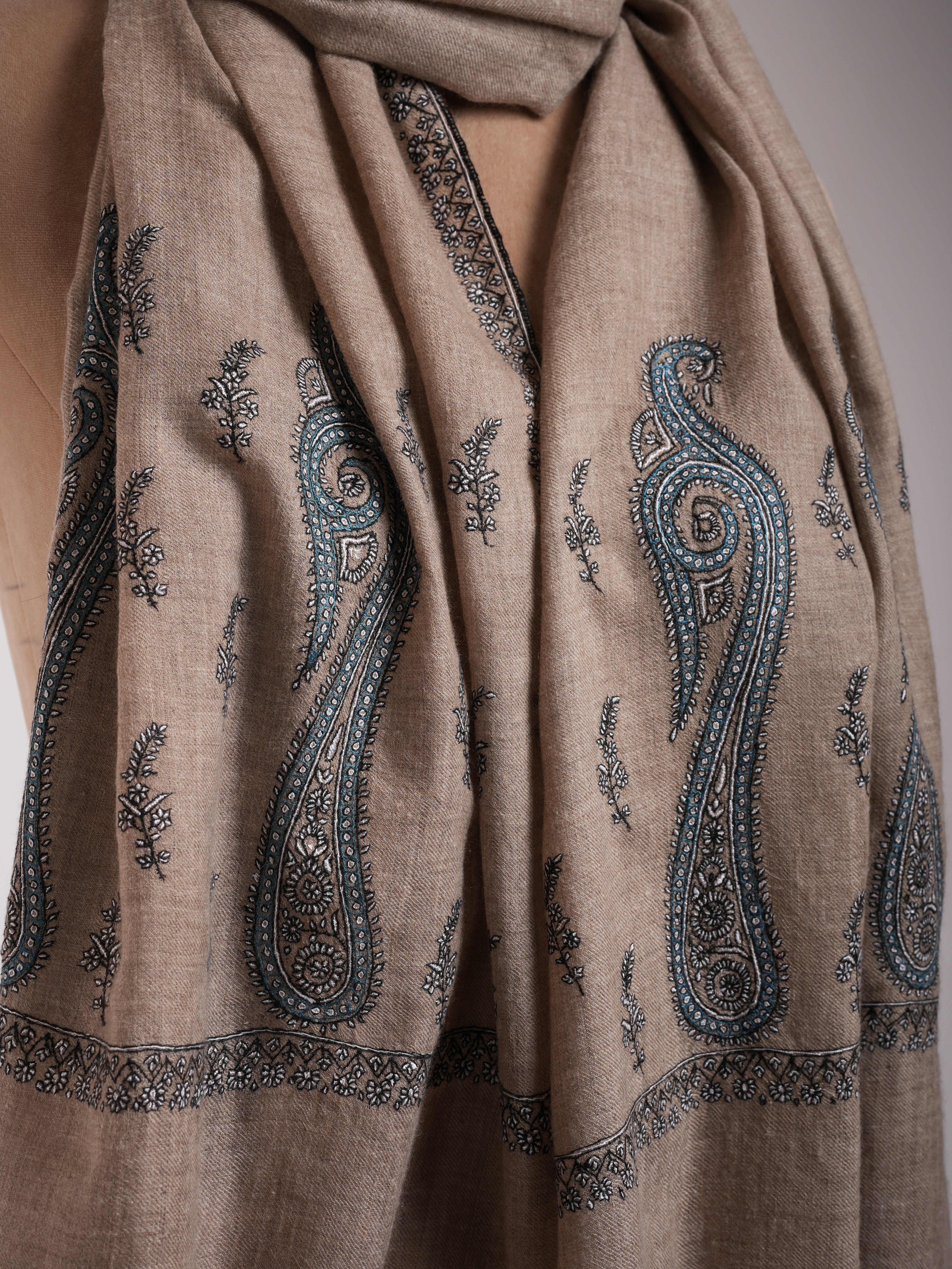 Natural Grey Palla Embroidered Featherlight Cashmere Scarf