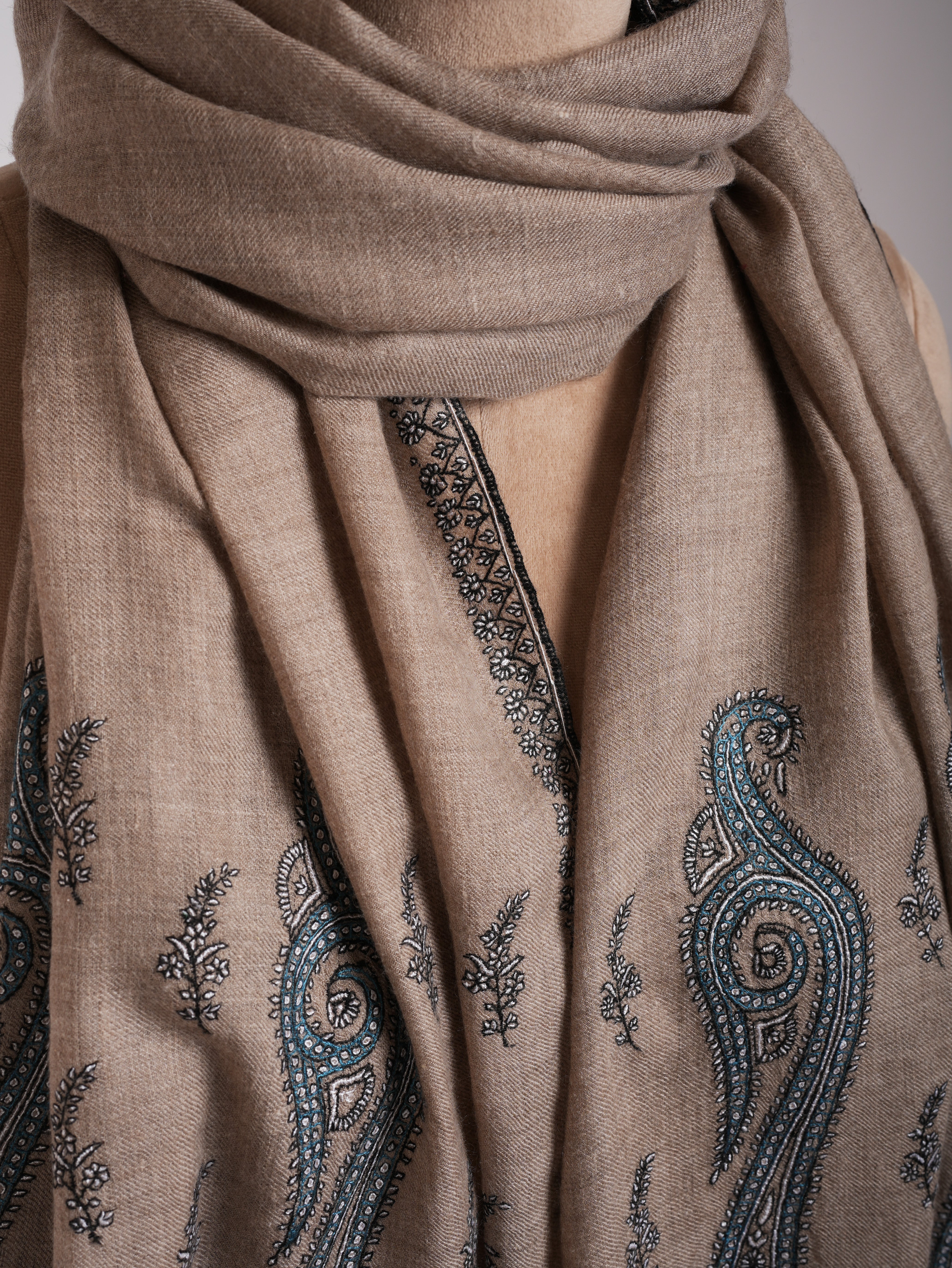 Natural Grey Palla Embroidered Featherlight Cashmere Scarf