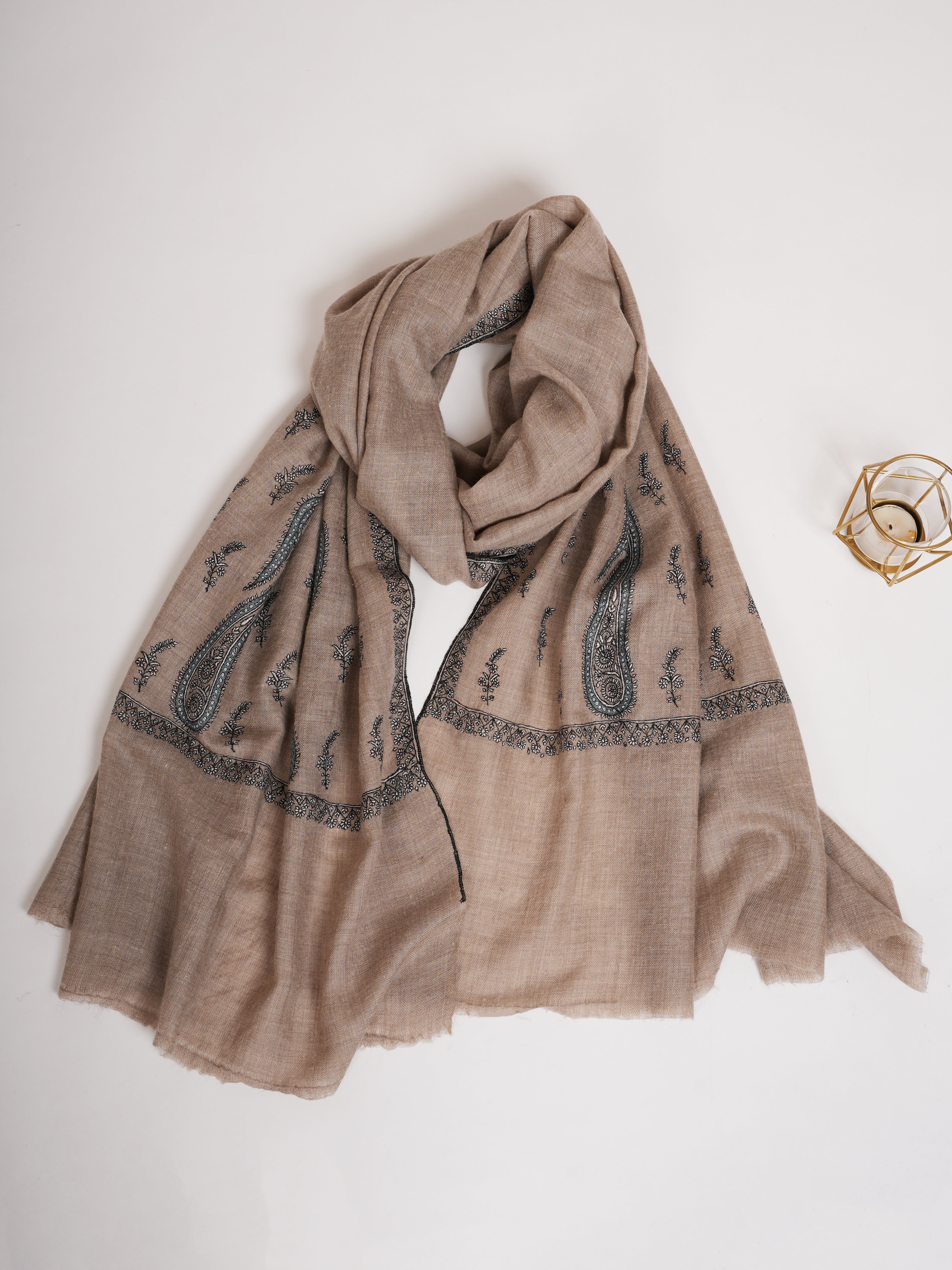 Natural Grey Palla Embroidered Featherlight Cashmere Scarf