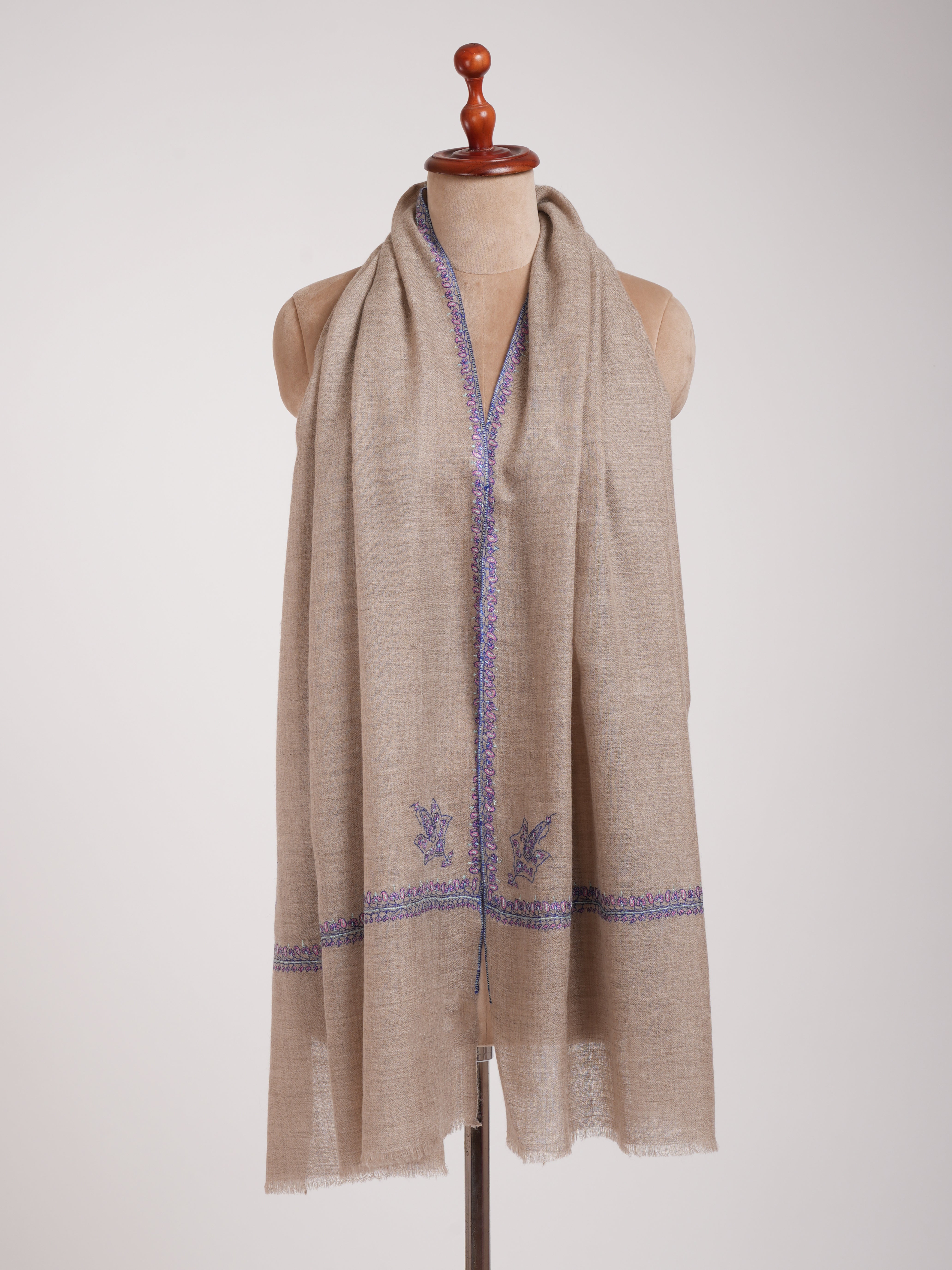 Natural Grey Hashia Embroidered Cashmere Pashmina Stole