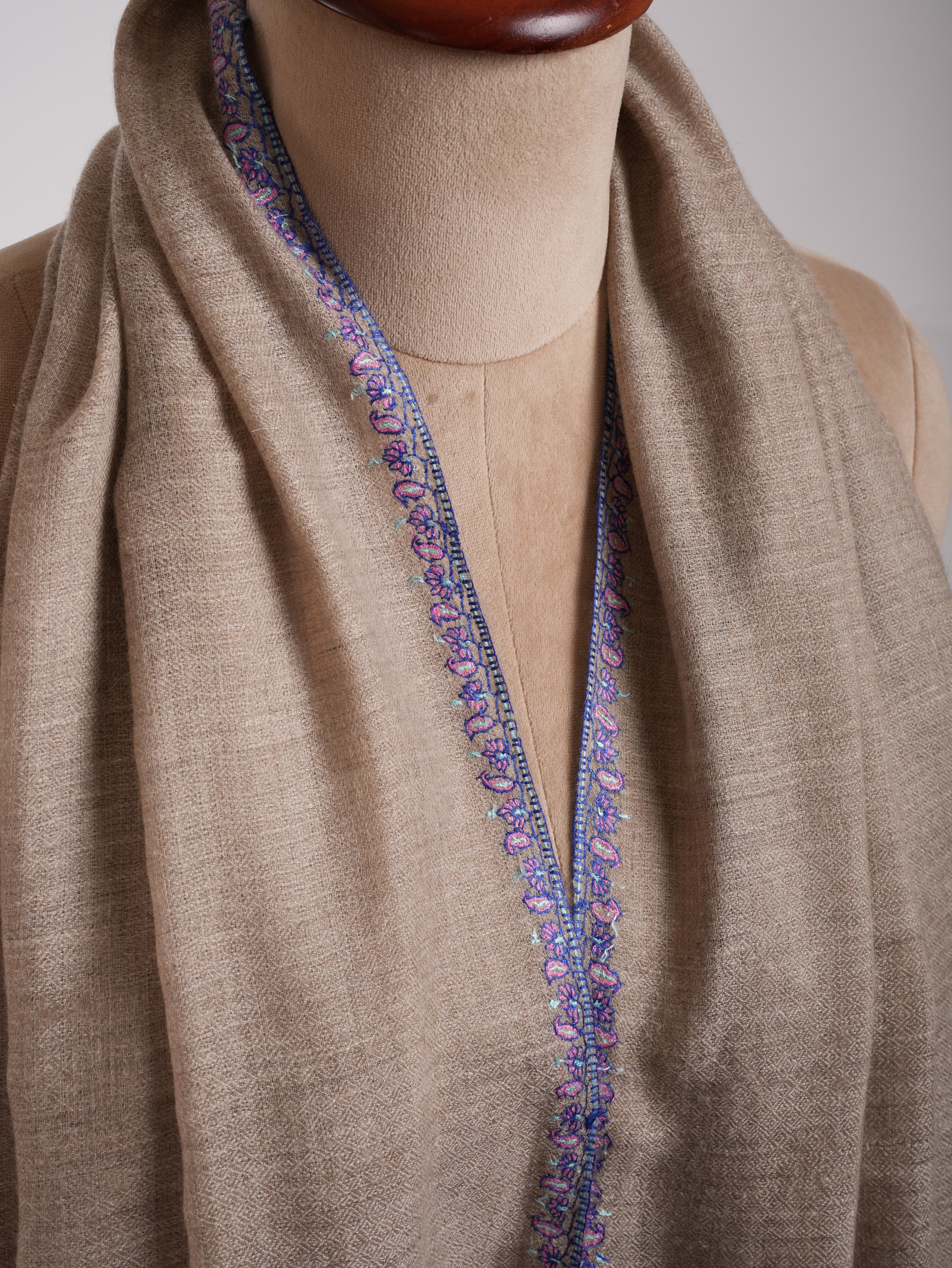 Natural Grey Hashia Embroidered Cashmere Pashmina Stole