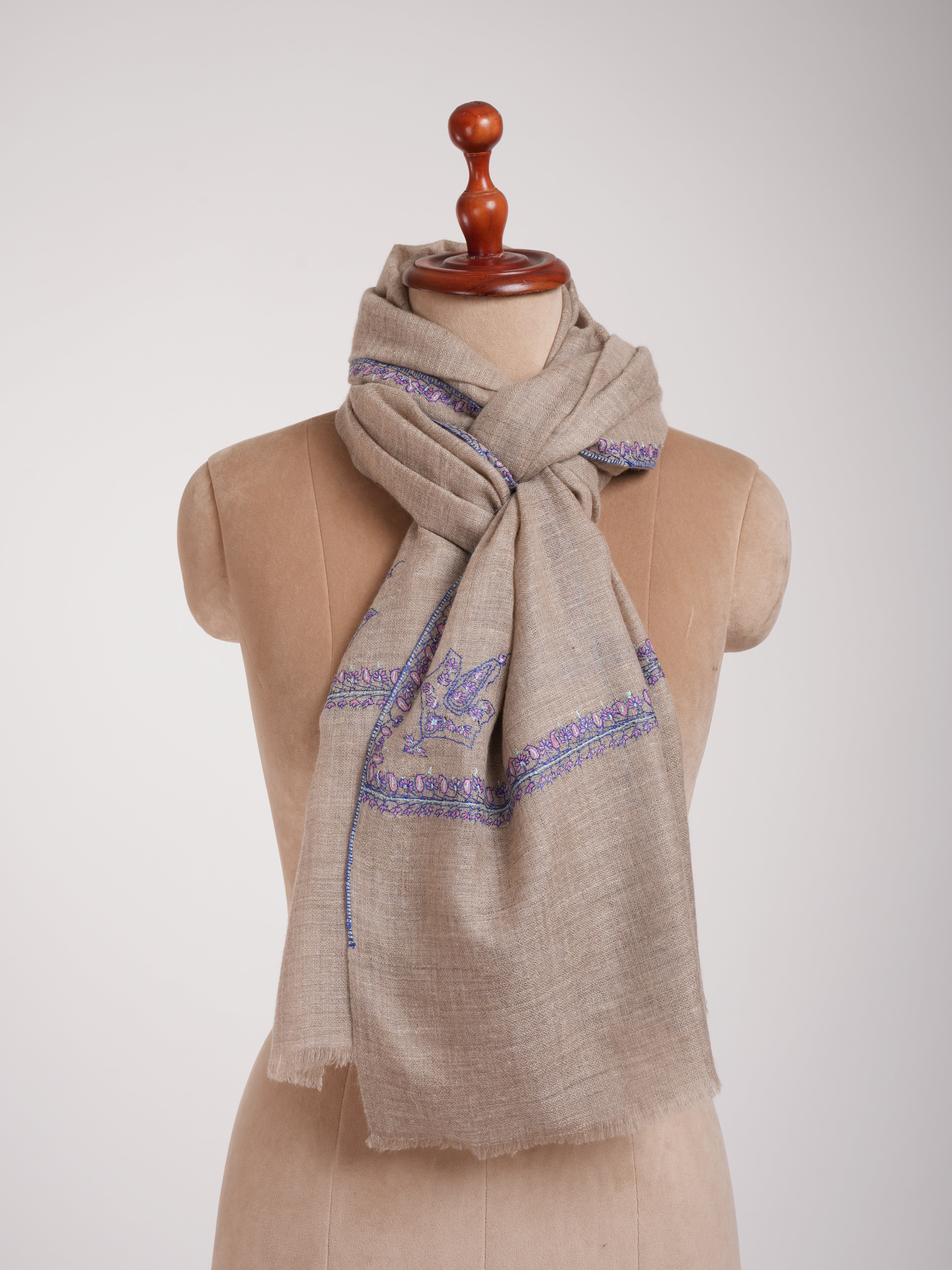 Natural Grey Hashia Embroidered Cashmere Pashmina Stole