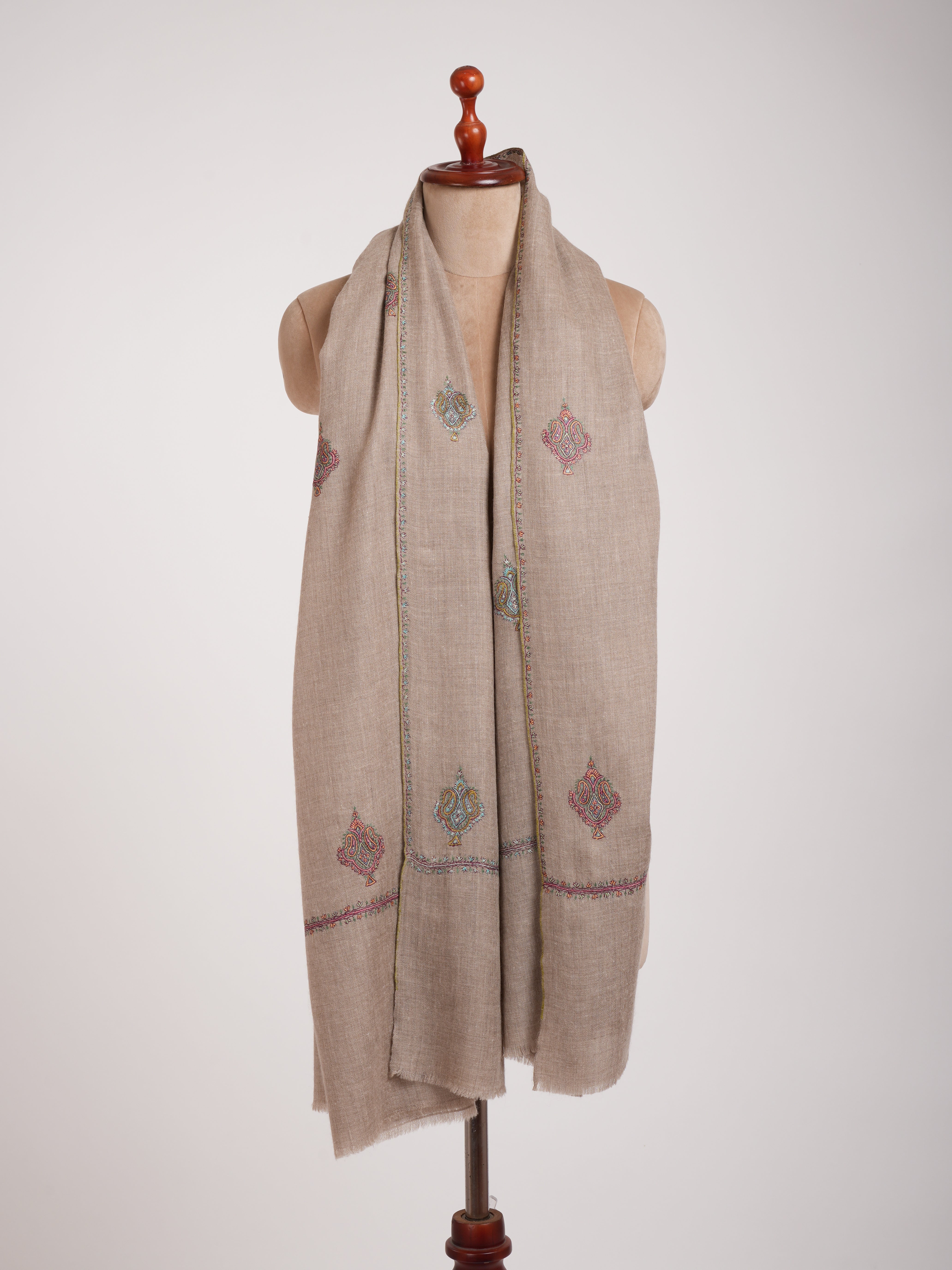 Aksi Embroidered Beautiful Indian Pashmina Shawl In Natural Grey