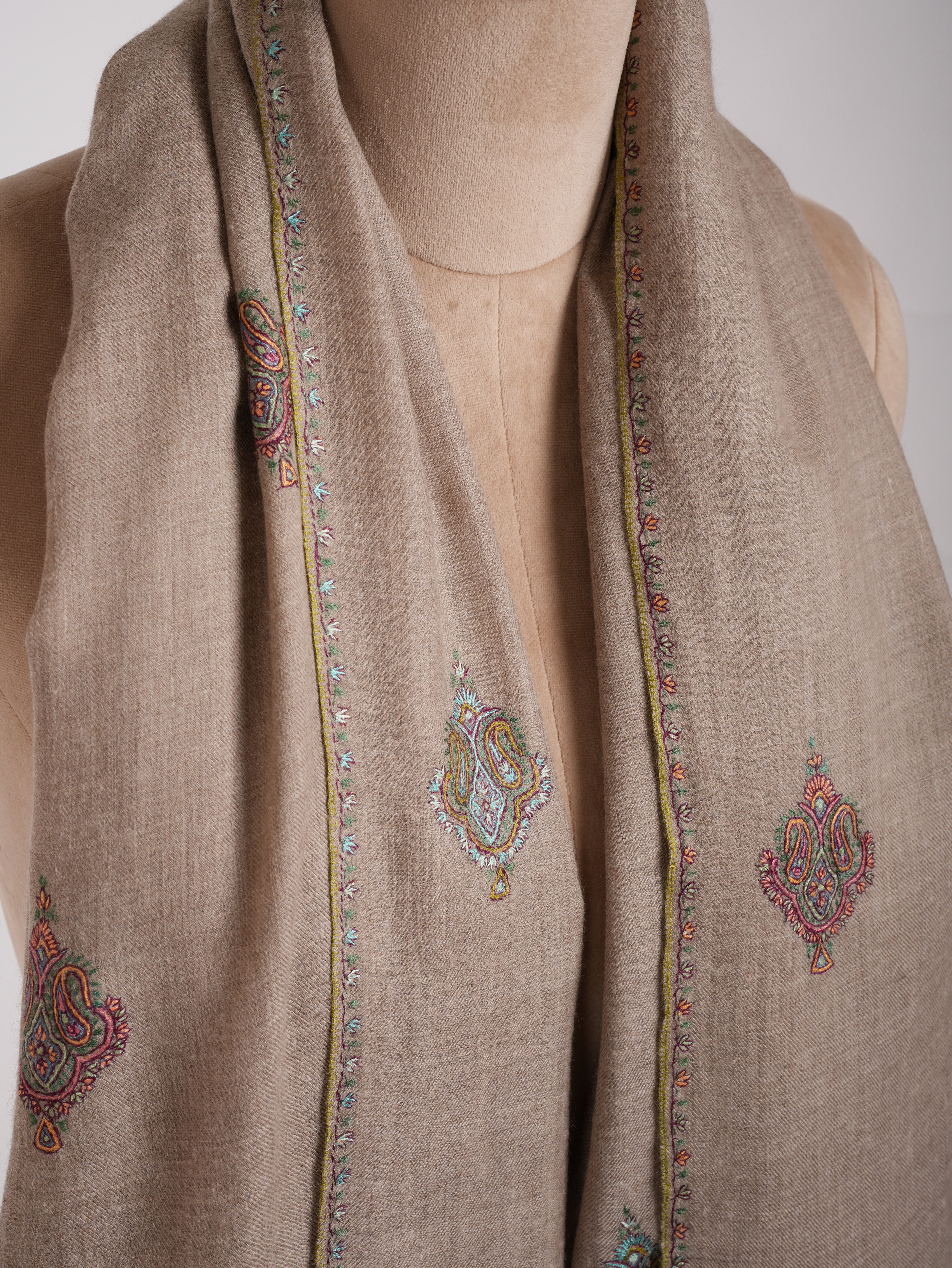 Aksi Embroidered Beautiful Indian Pashmina Shawl In Natural Grey