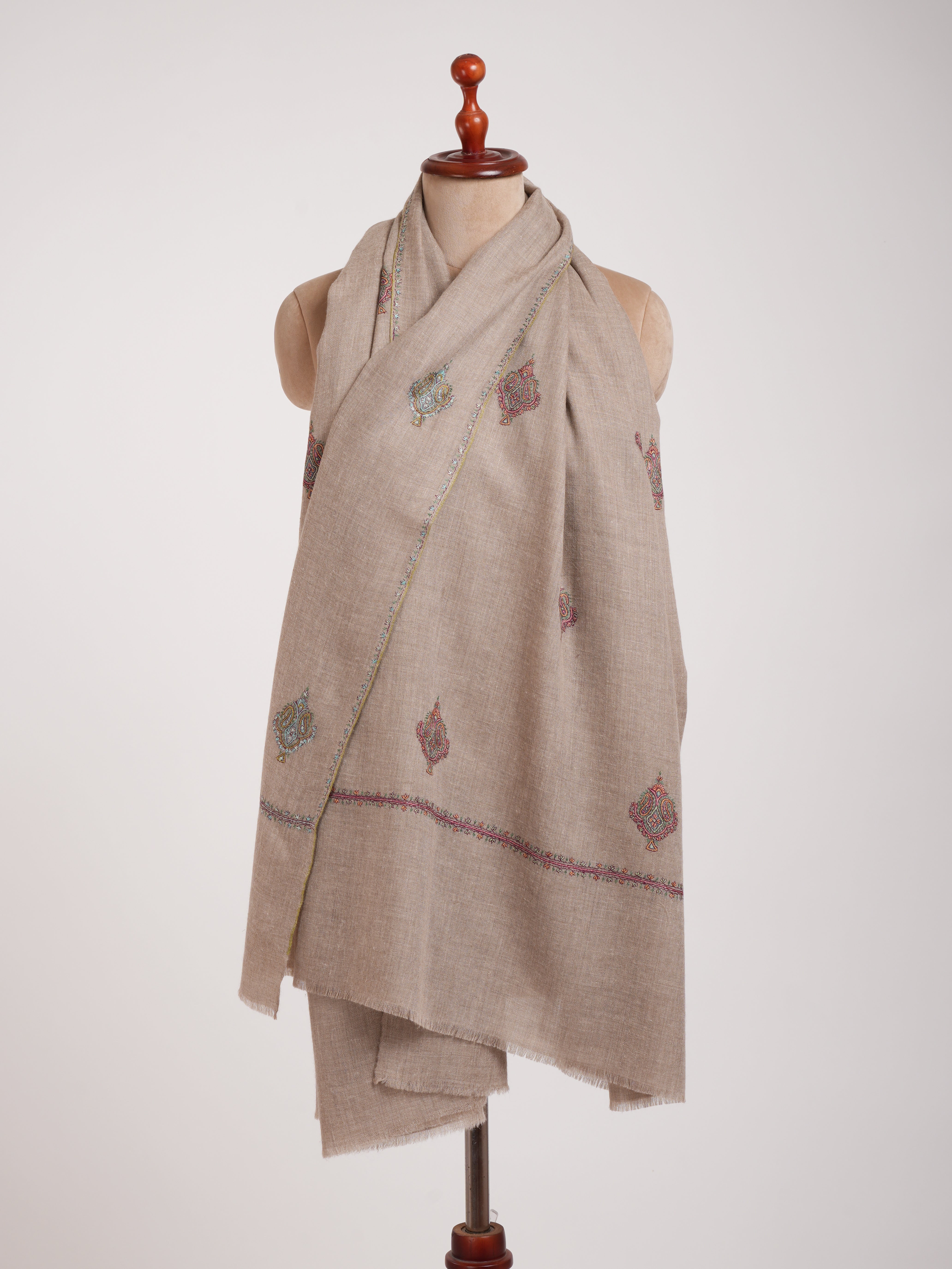 Aksi Embroidered Beautiful Indian Pashmina Shawl In Natural Grey