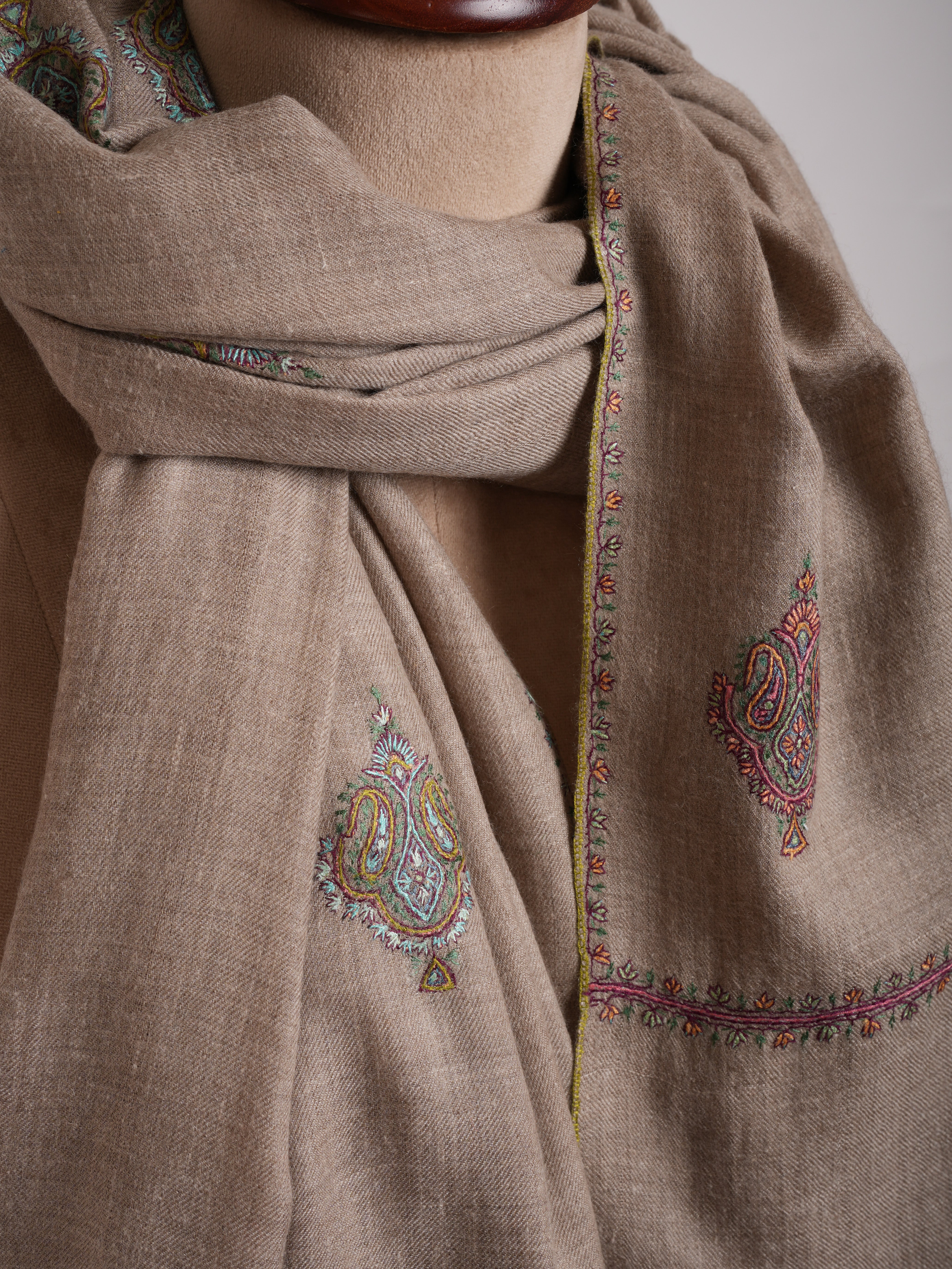 Aksi Embroidered Beautiful Indian Pashmina Shawl In Natural Grey