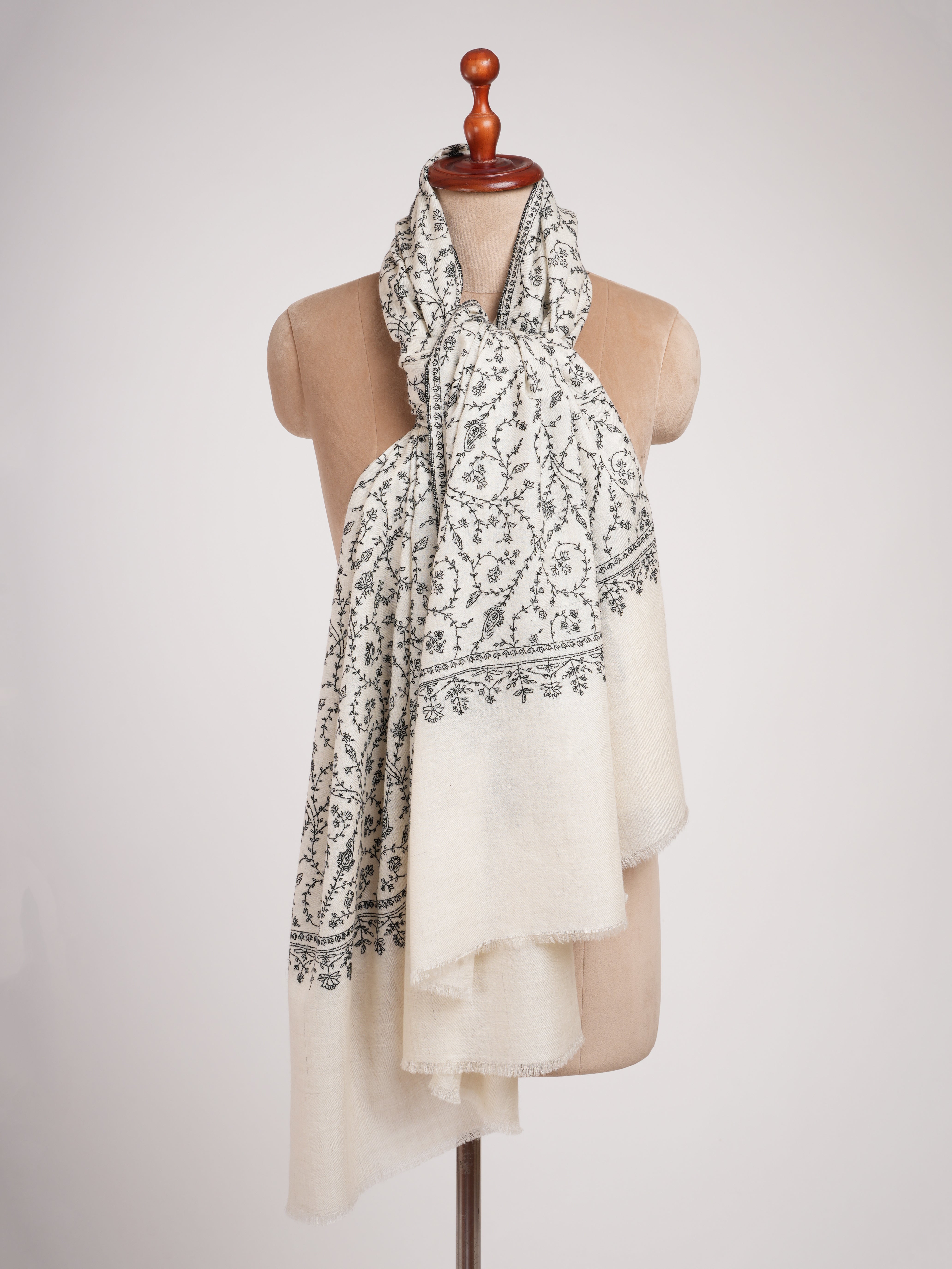 Ivory Pashmina Shawl with Black Sozni Embroidery