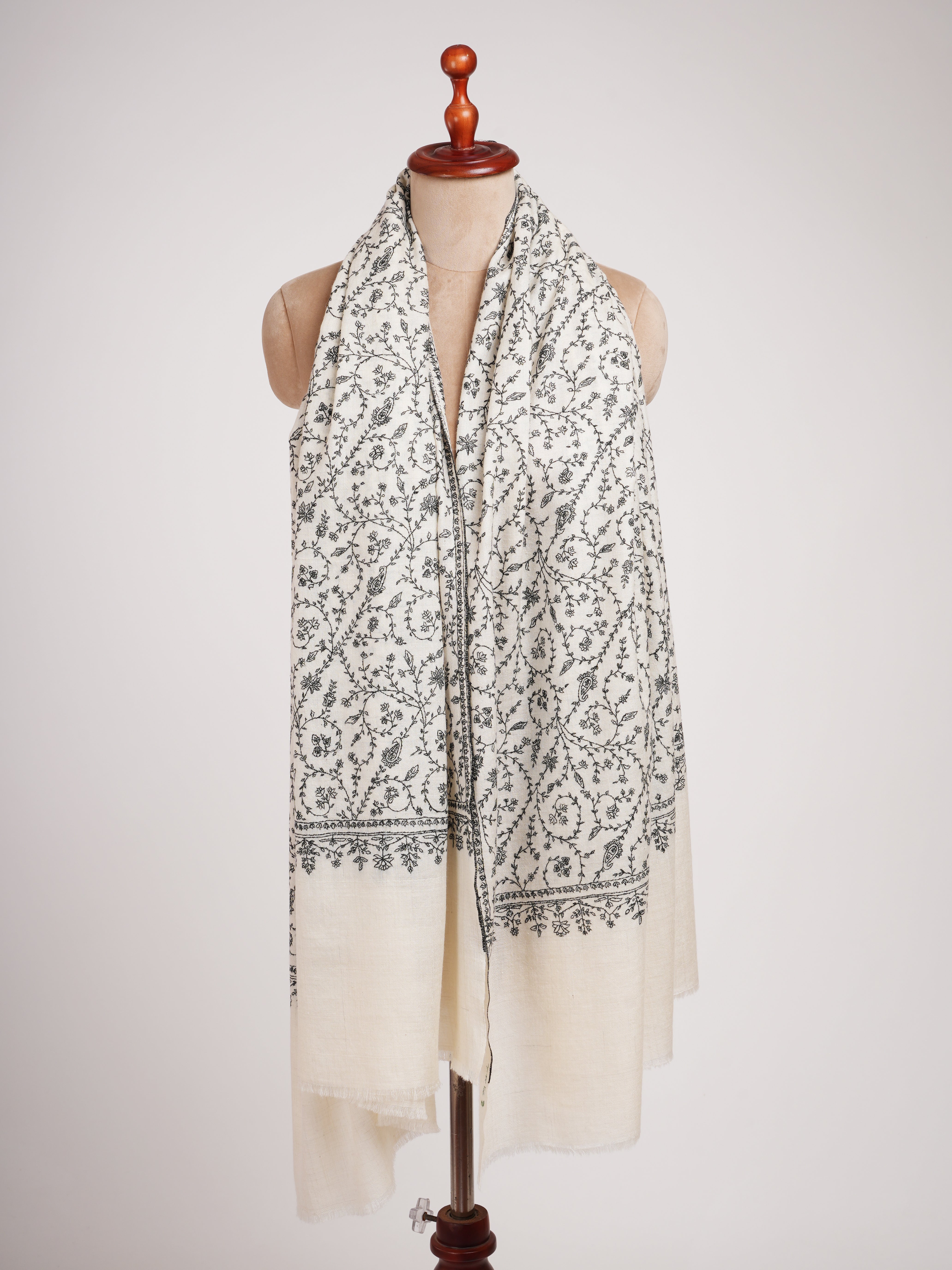 Ivory Pashmina Shawl with Black Sozni Embroidery