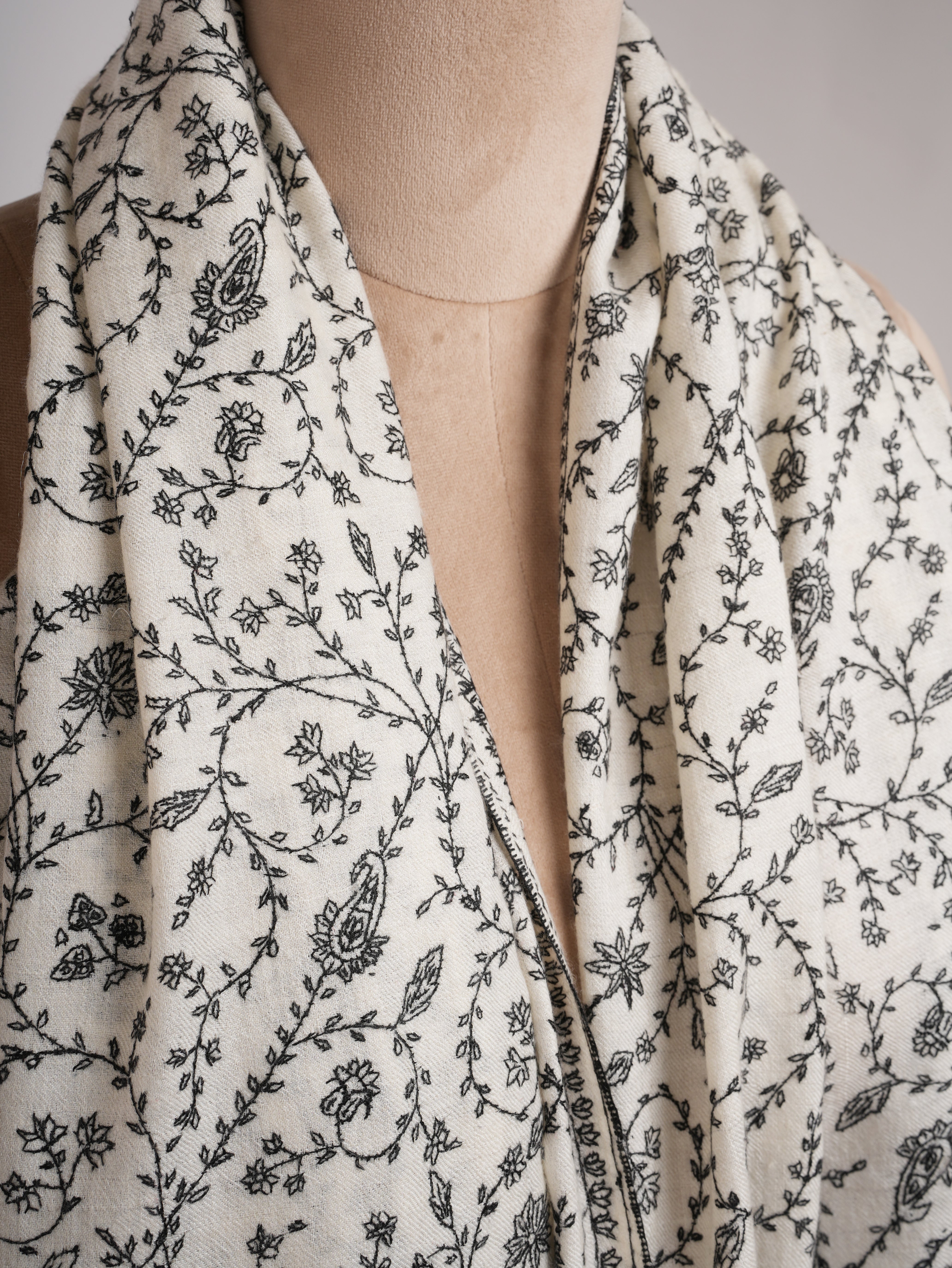 Ivory Pashmina Shawl with Black Sozni Embroidery