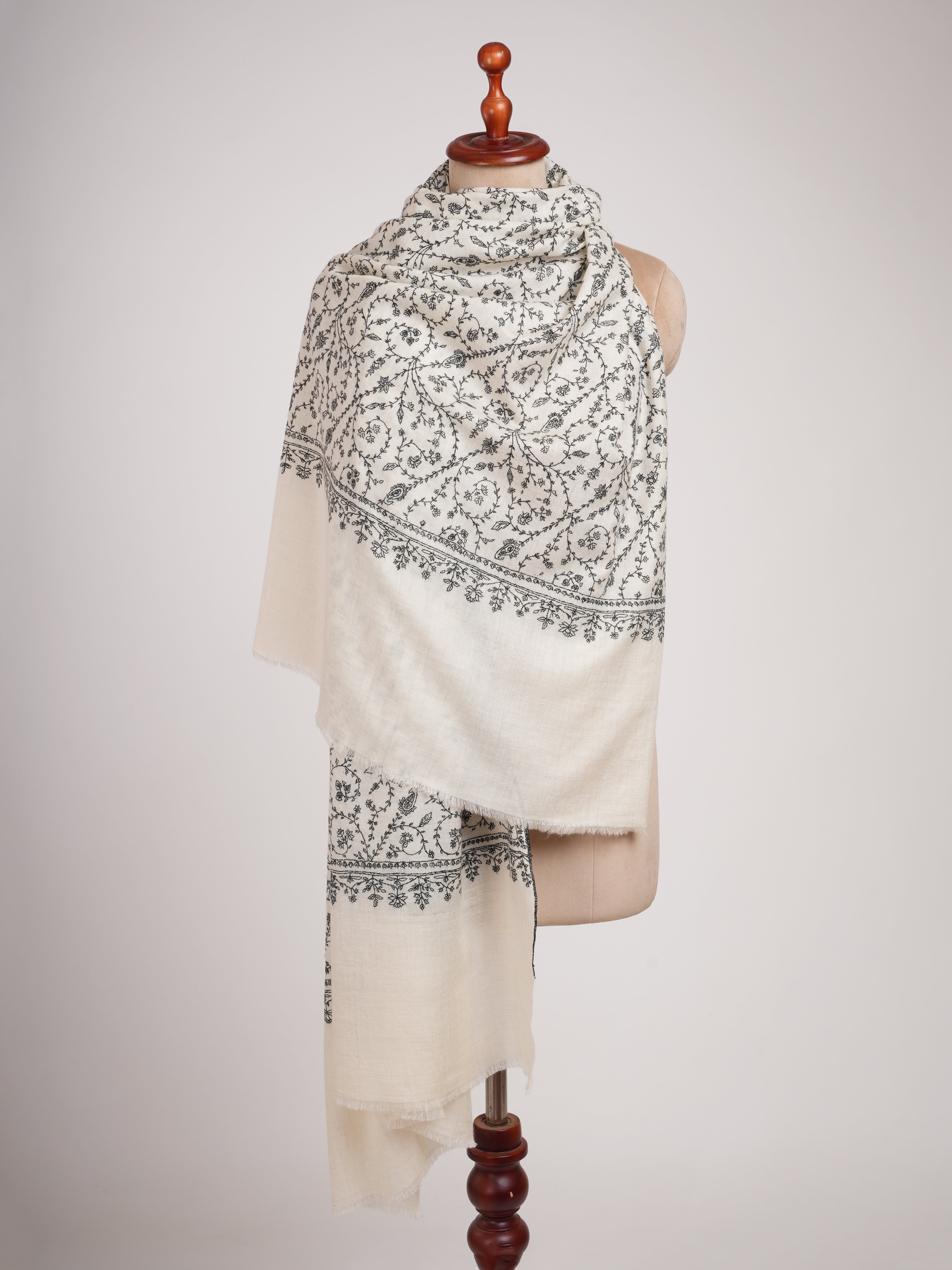 Ivory Pashmina Shawl with Black Sozni Embroidery