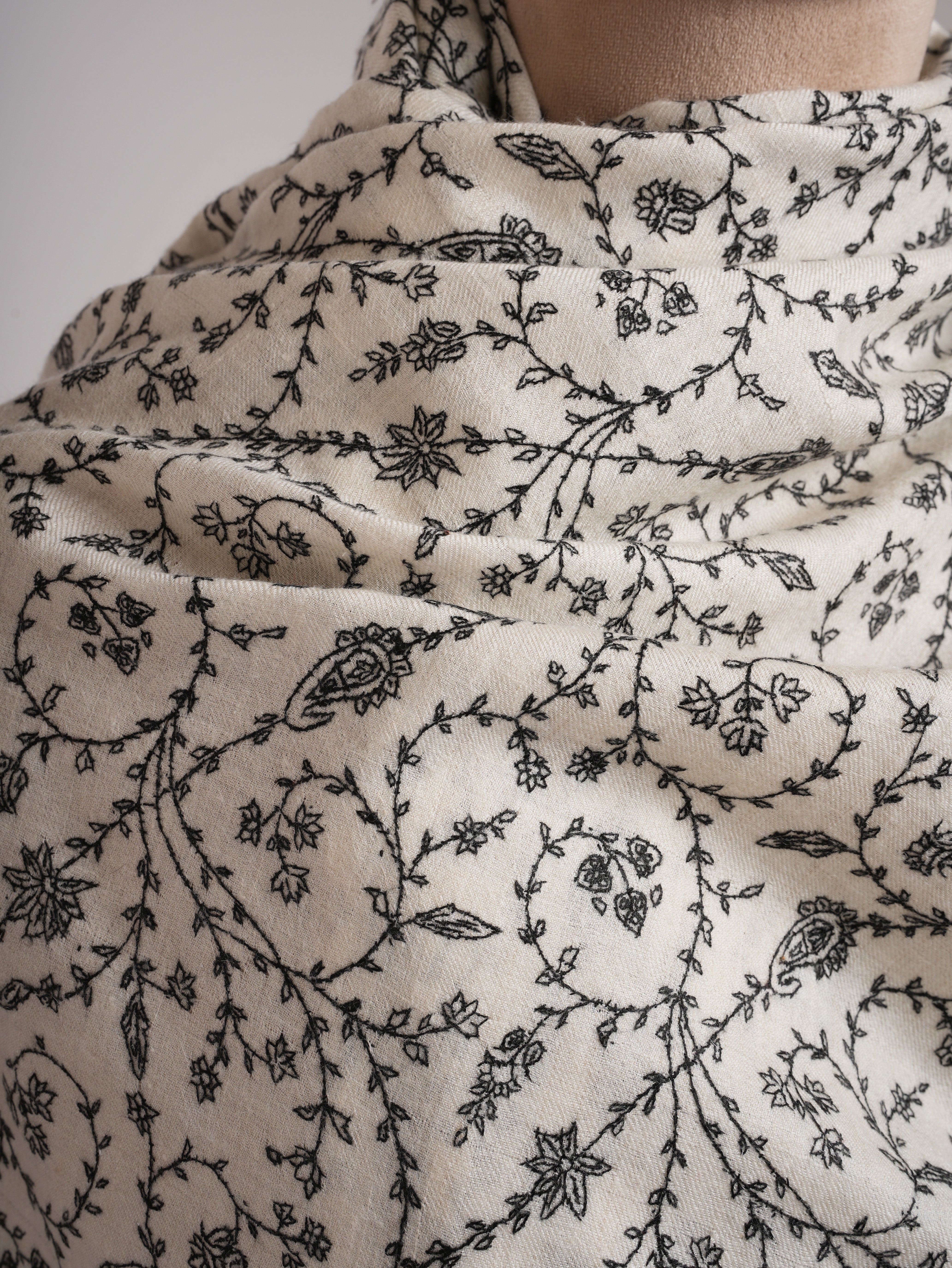 Ivory Pashmina Shawl with Black Sozni Embroidery