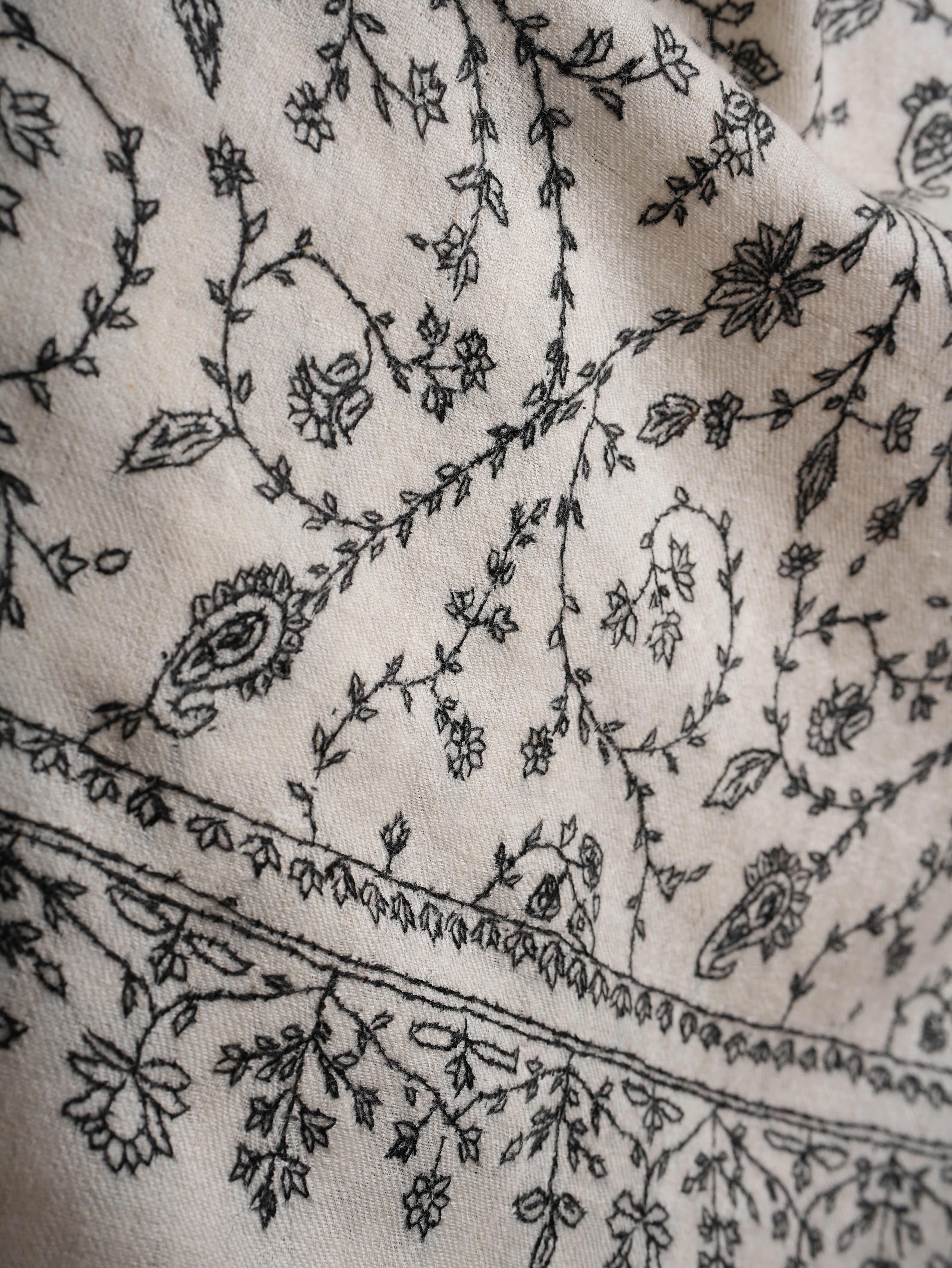 Ivory Pashmina Shawl with Black Sozni Embroidery