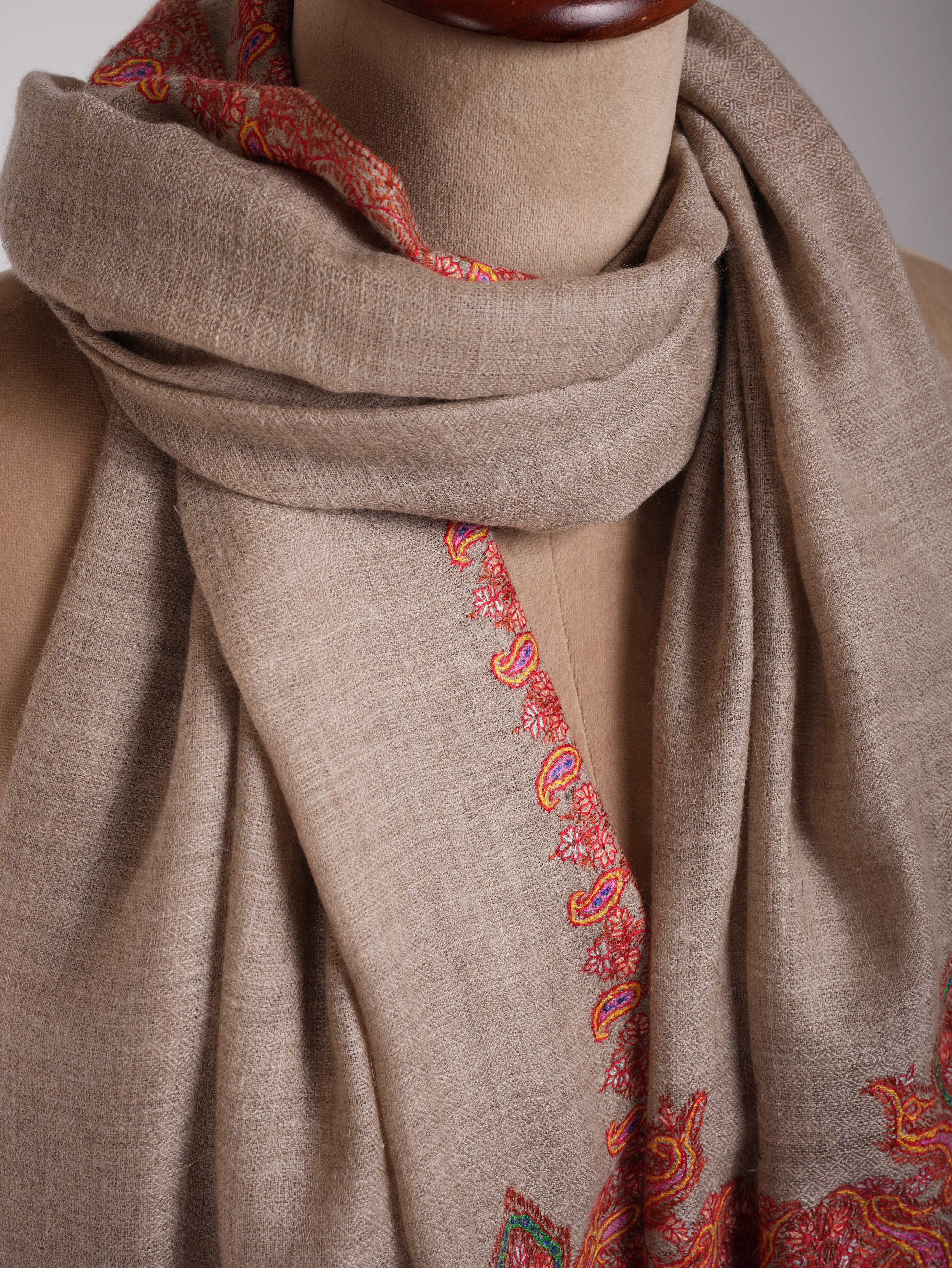 Natural Grey Palla Embroidered Pashmina Stole