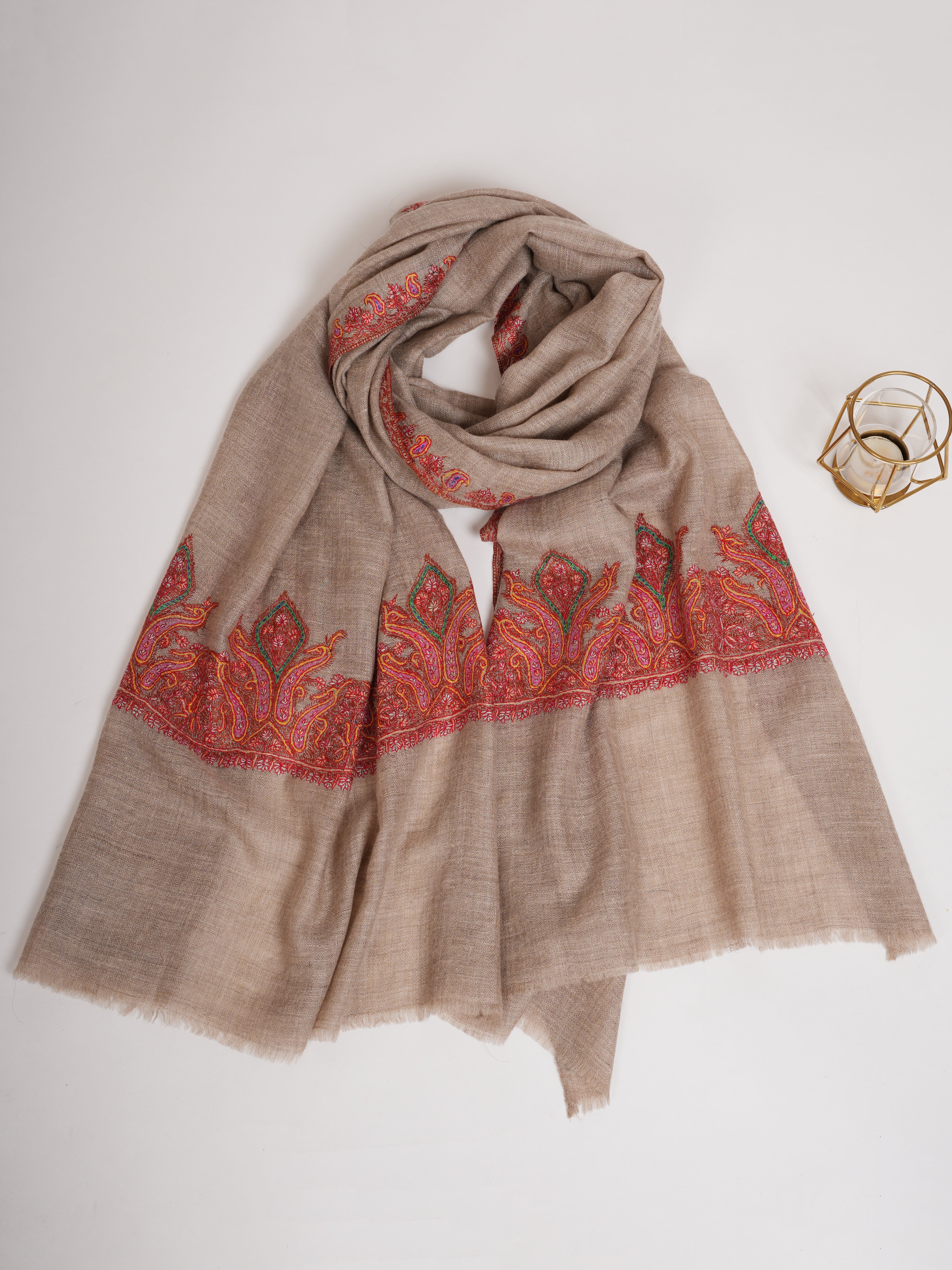 Natural Grey Palla Embroidered Pashmina Stole