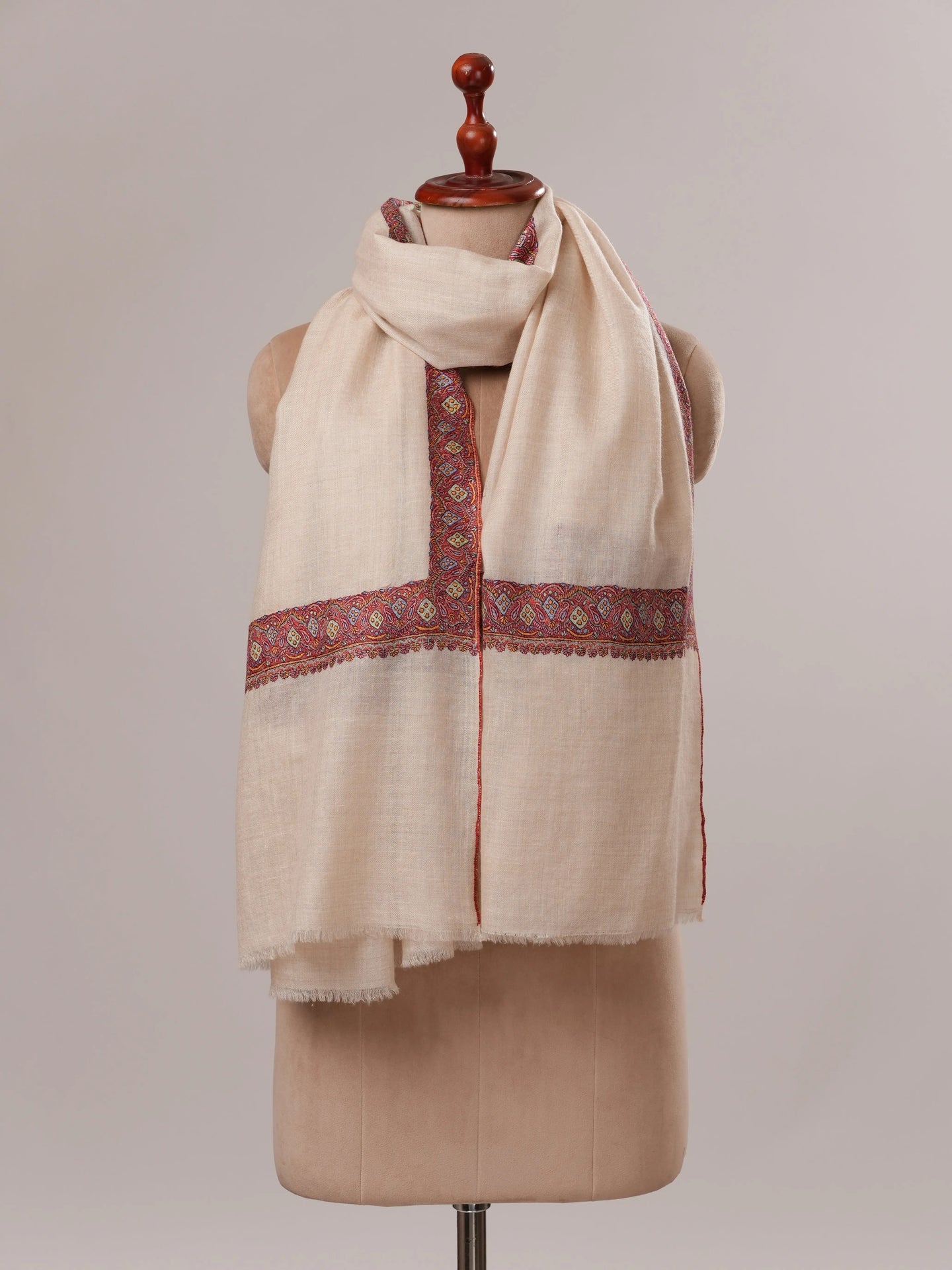 Off White Pure Pashmina Shawl with Neemdaur Hand Embroidery Shahkaar.com