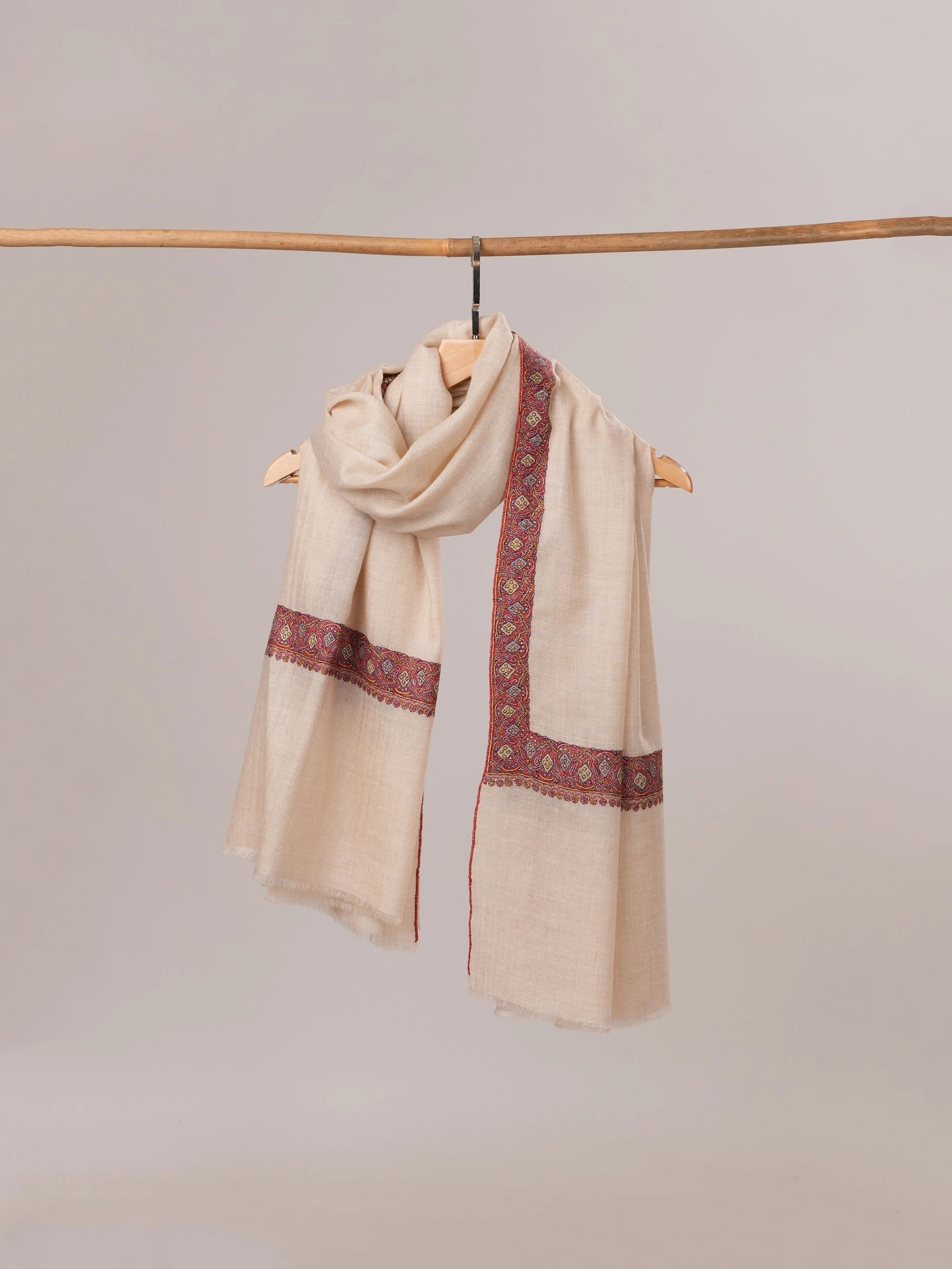Off White Pure Pashmina Shawl with Neemdaur Hand Embroidery Shahkaar.com