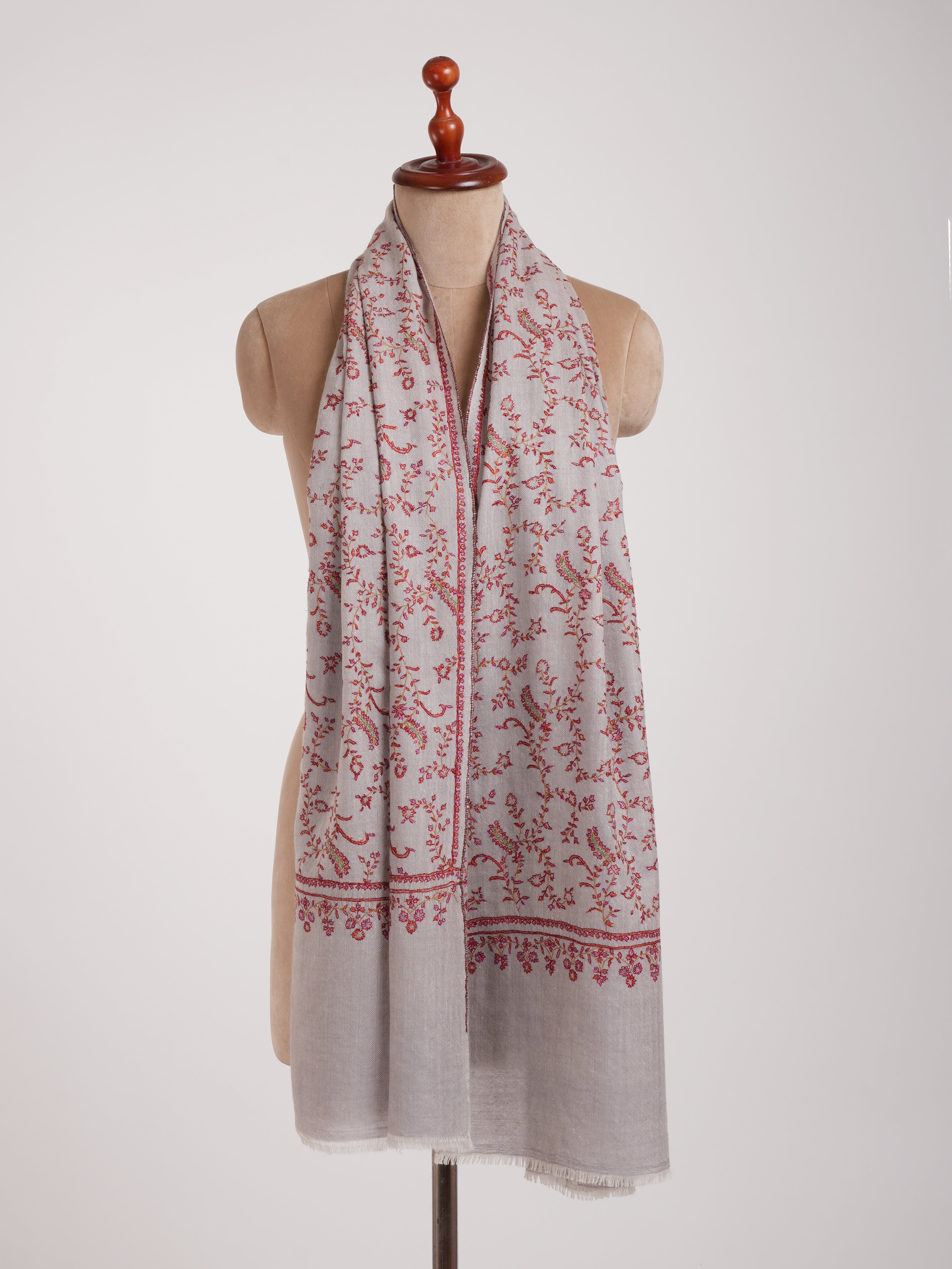 Grey Hand Embroidered Lightweight Indian Cashmere Stole