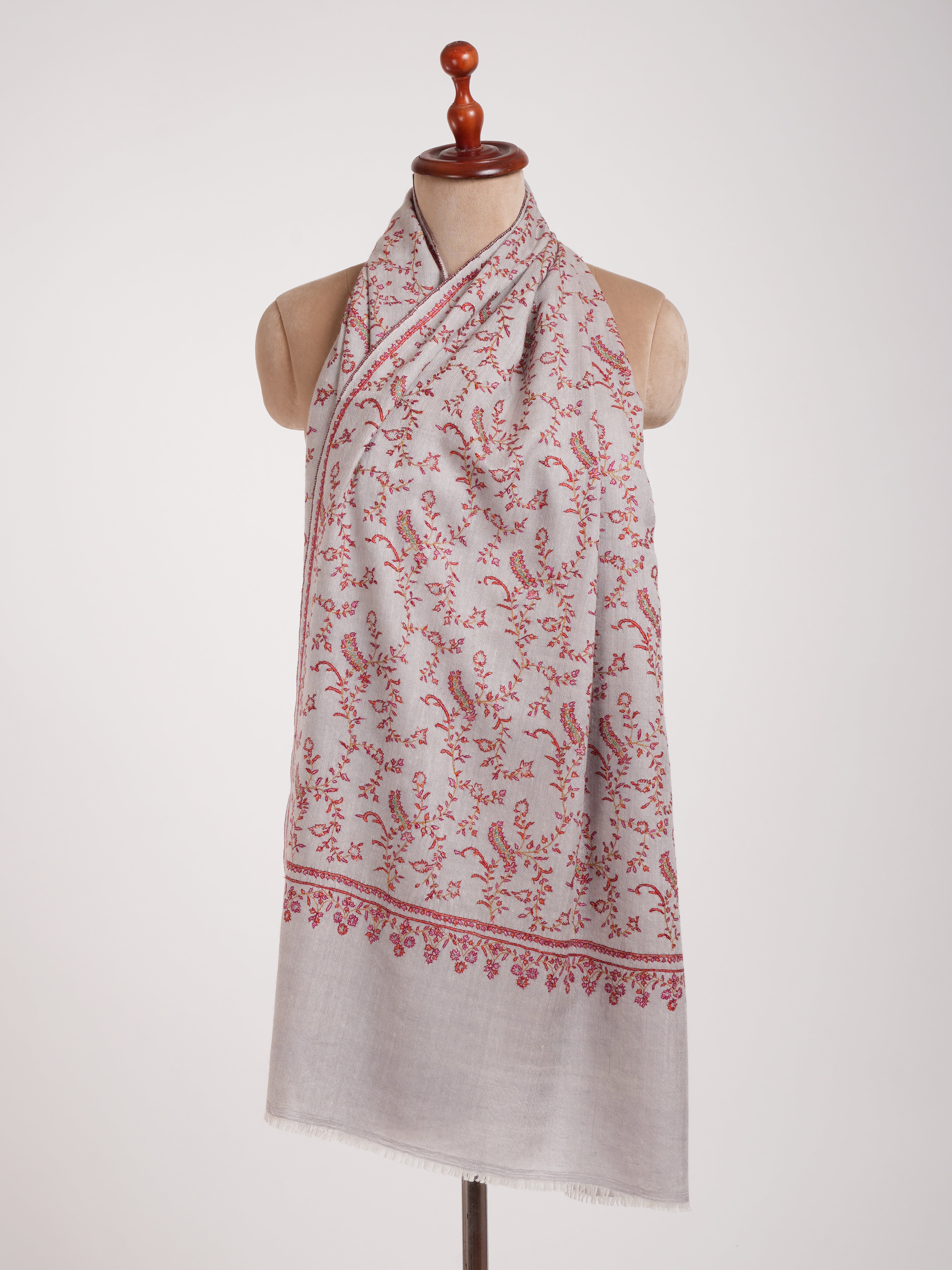 Grey Hand Embroidered Lightweight Indian Cashmere Stole