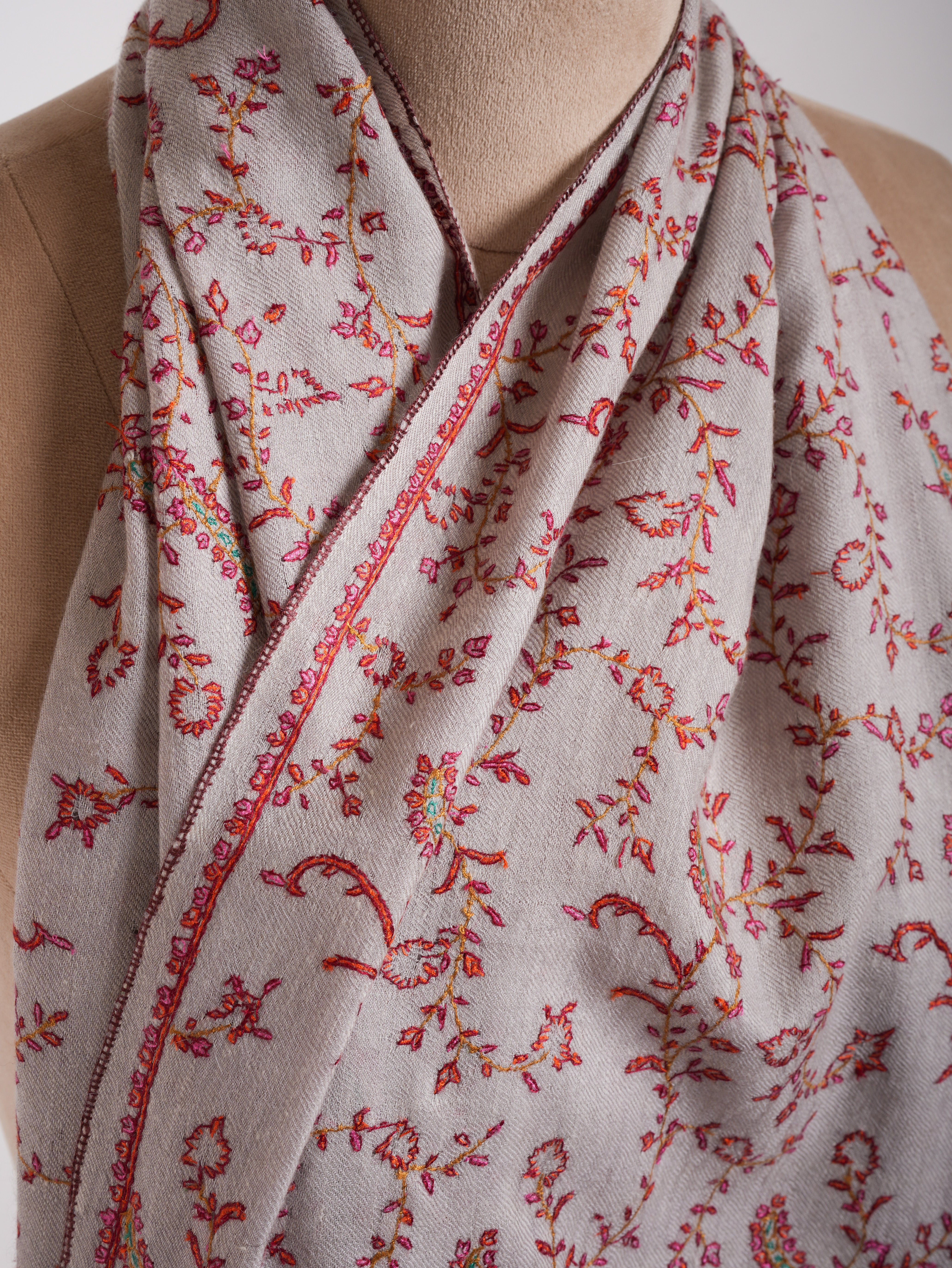 Grey Hand Embroidered Lightweight Indian Cashmere Stole