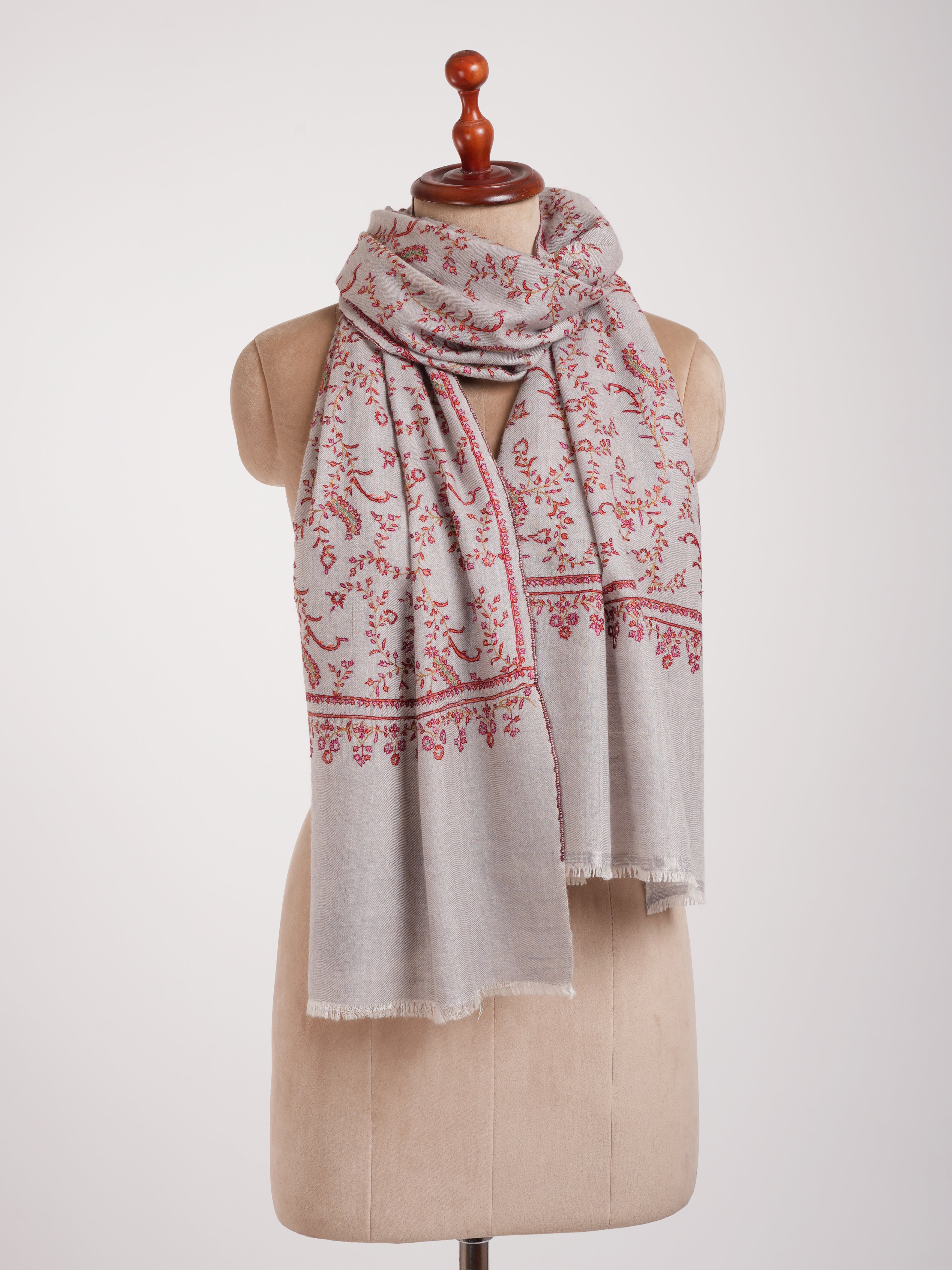 Grey Hand Embroidered Lightweight Indian Cashmere Stole