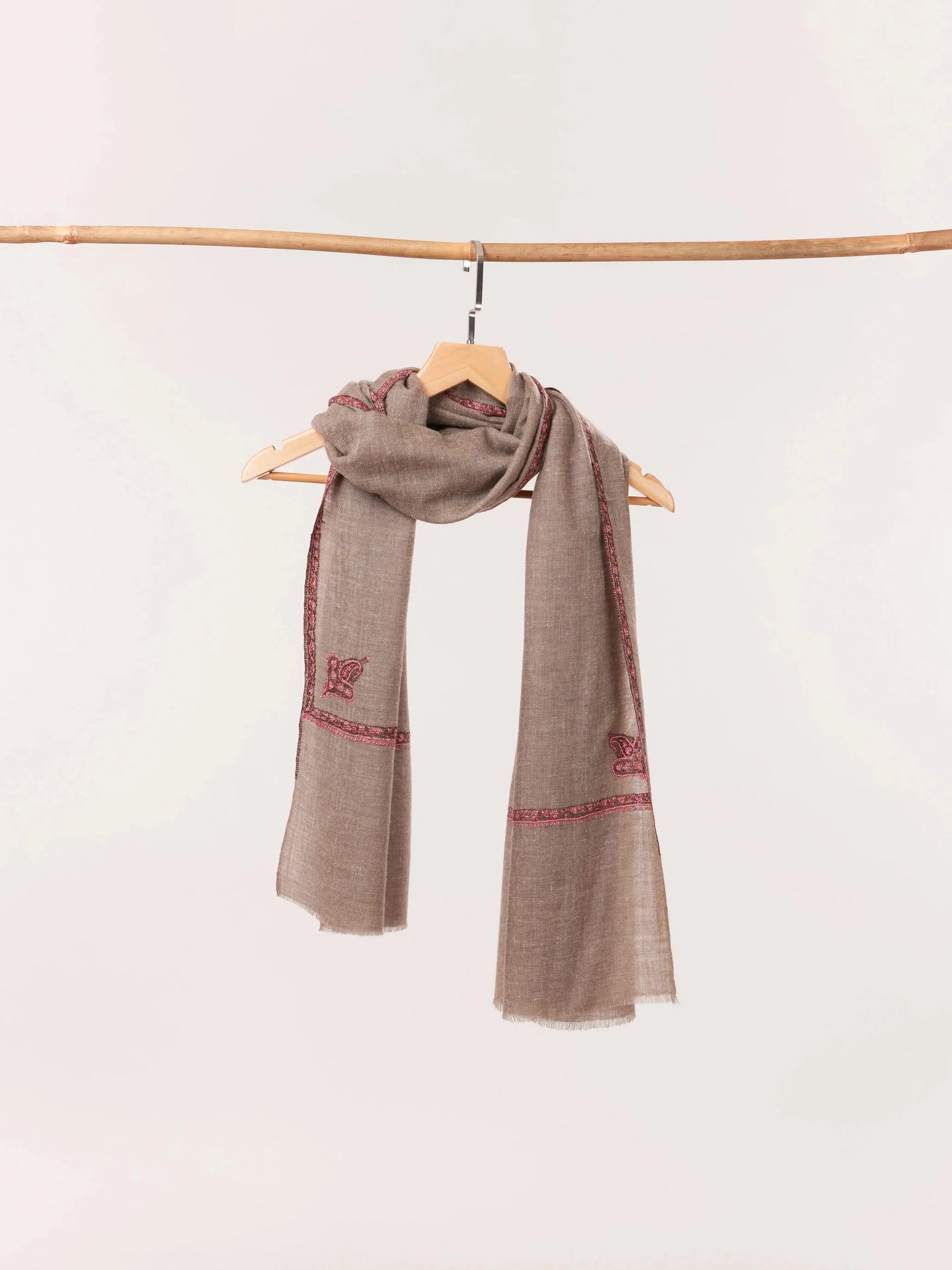 Rare Natural Dark Taupe Bail Embroidered Cashmere Scarf Shahkaar.com