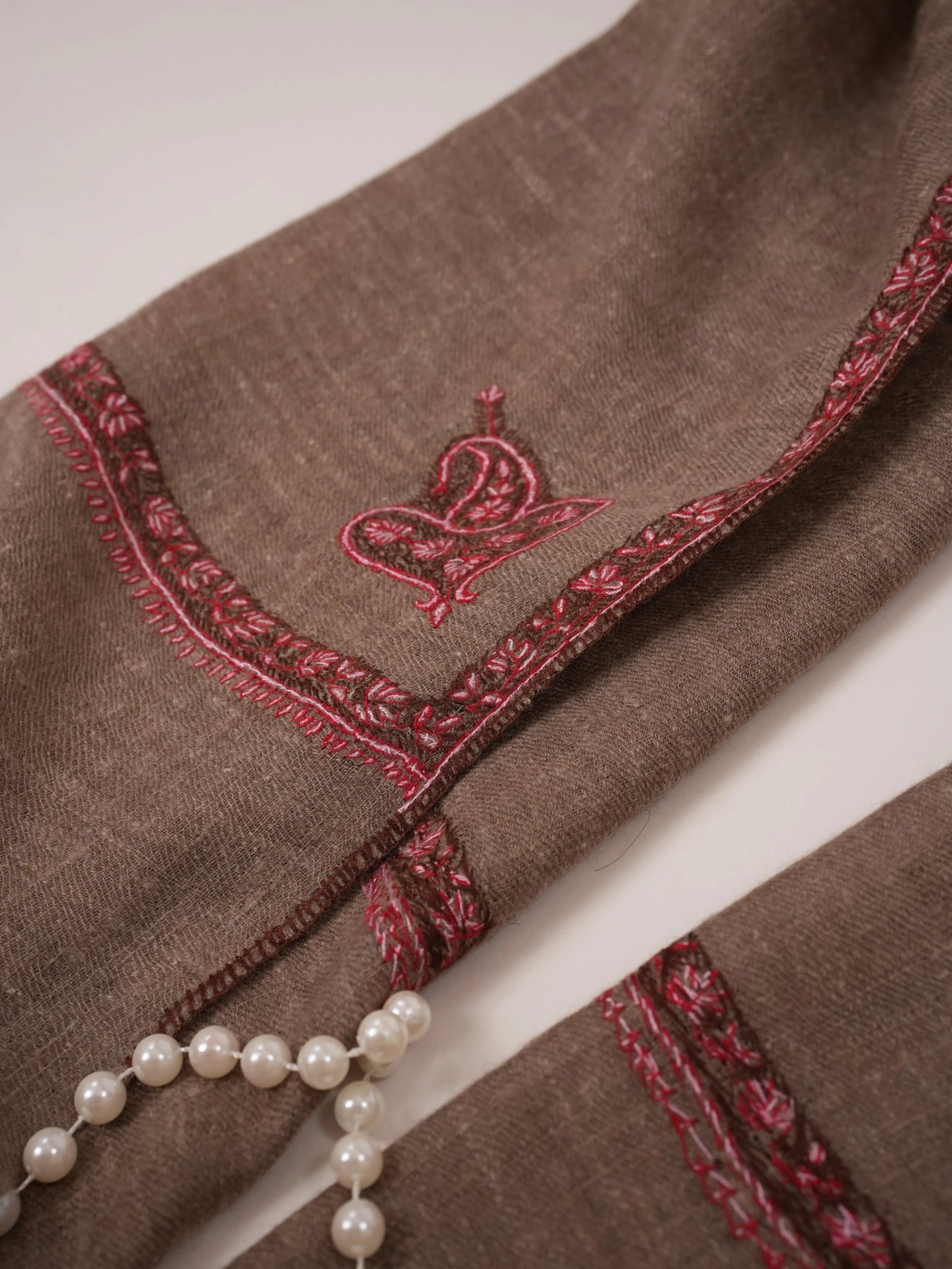 Rare Natural Dark Taupe Bail Embroidered Cashmere Scarf Shahkaar.com