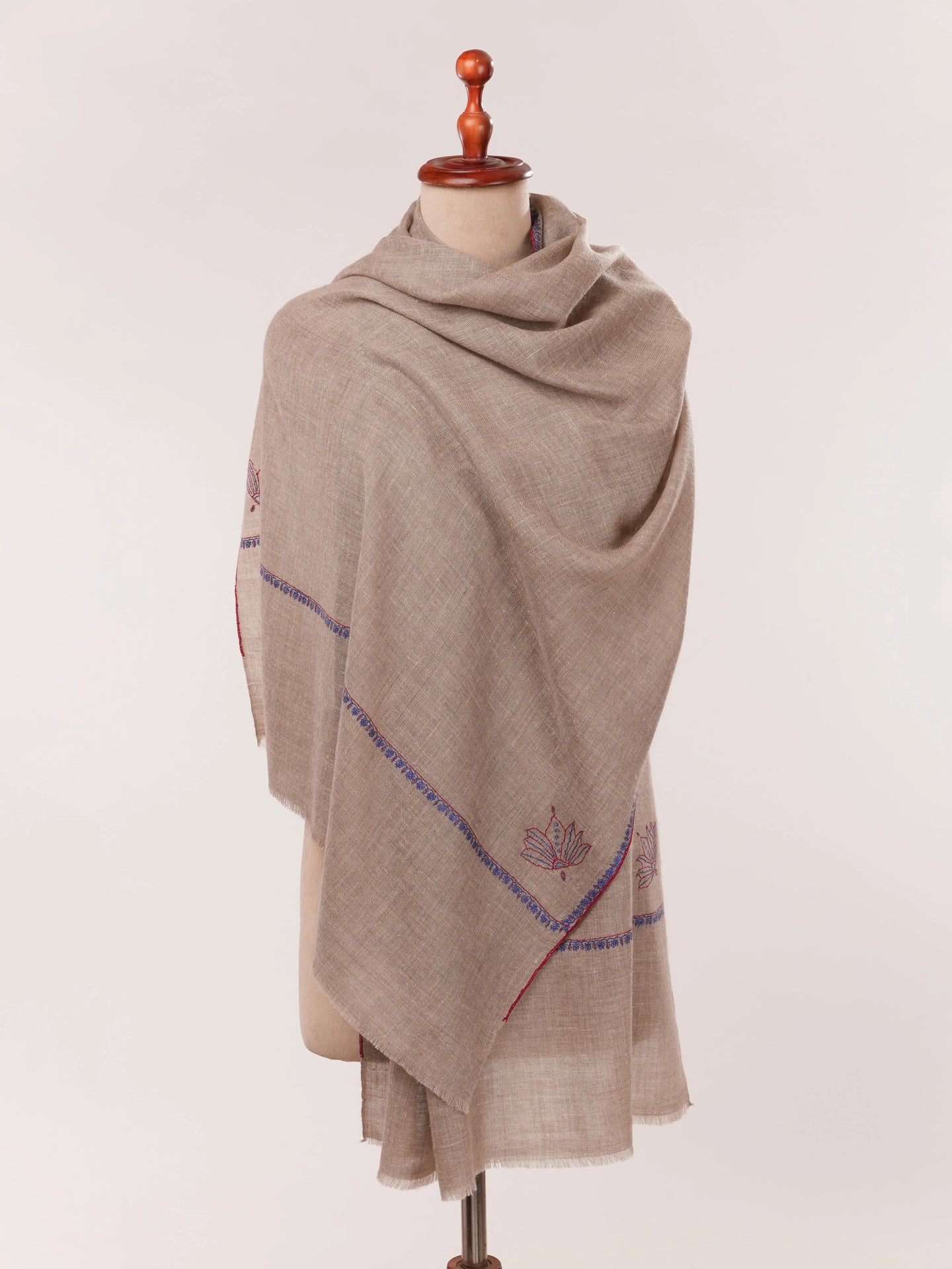 Natural Taupe Featherlight Hand Embroidered Cashmere Scarf Shahkaar.com