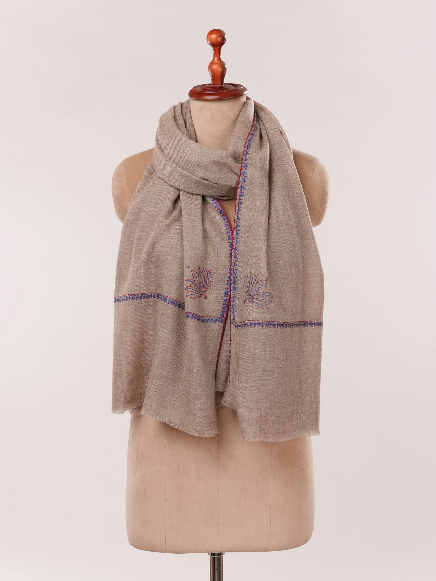 Natural Taupe Featherlight Hand Embroidered Cashmere Scarf Shahkaar.com