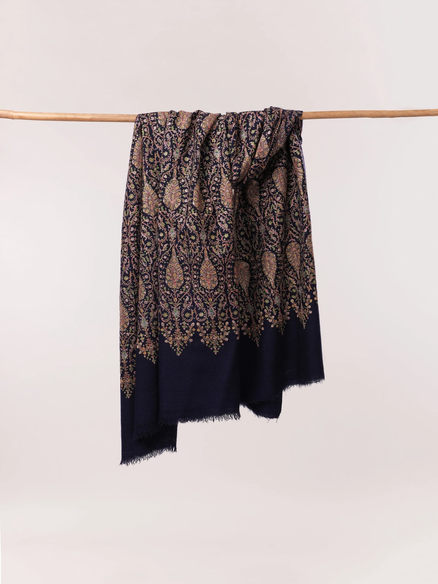 Navy Mulberry Silk Embroidered Handspun Pure Pashmina Jamavar Shawl Shahkaar.com