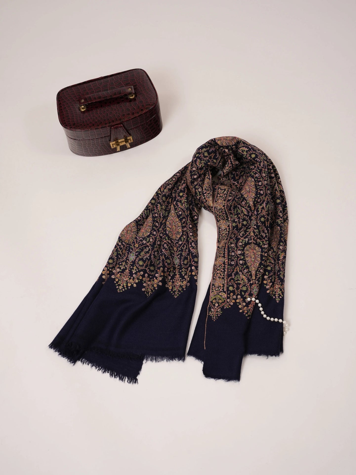 Navy Mulberry Silk Embroidered Handspun Pure Pashmina Jamavar Shawl Shahkaar.com