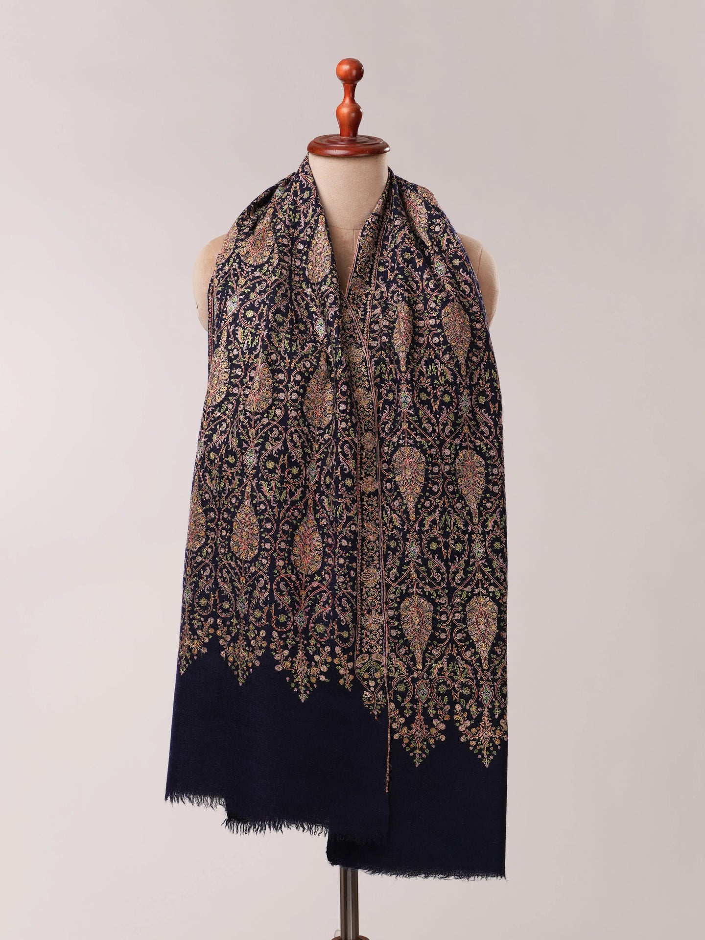 Navy Mulberry Silk Embroidered Handspun Pure Pashmina Jamavar Shawl Shahkaar.com