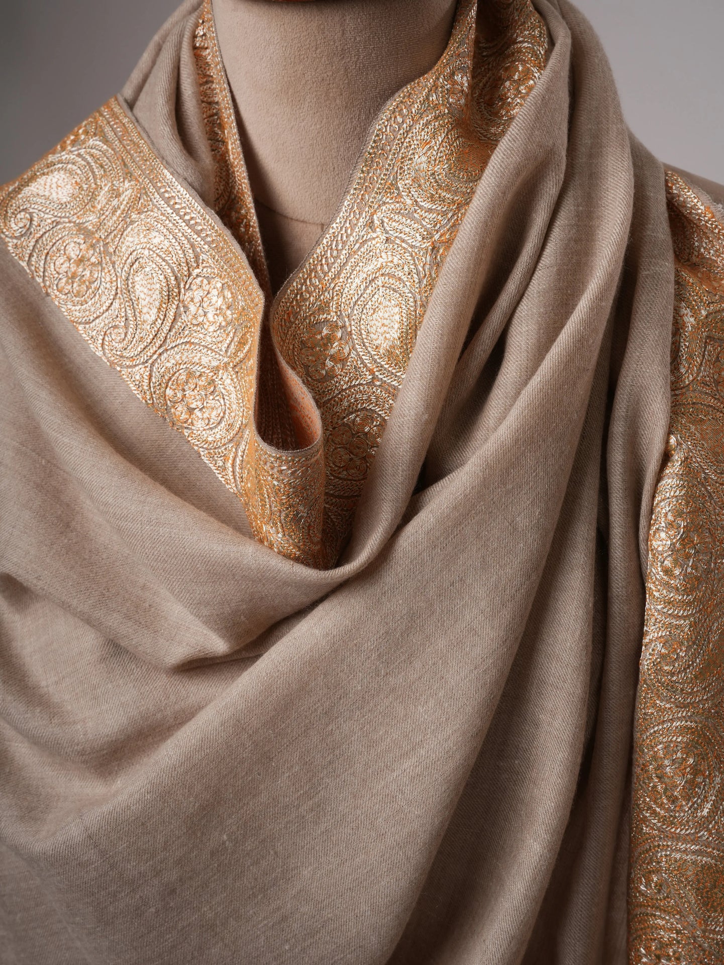 Natural Grey Daurdar Handloomed Pashmina Shawl with Gold Tilla Embroidery Shahkaar