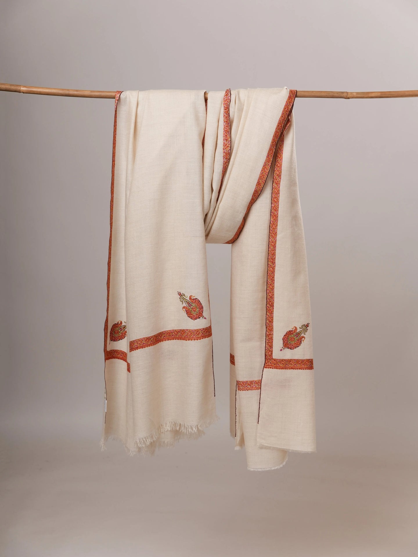 Natural White Hand Embroidered Hashia Oversized Pashmina Shawl Shahkaar Global