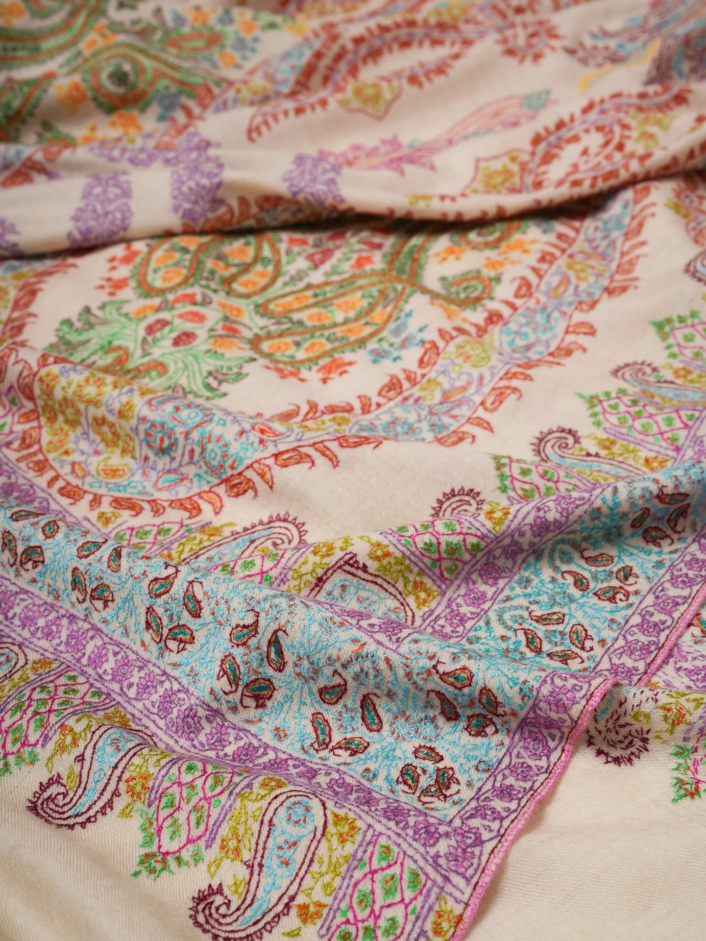 Natural Ivory Pashmina Shawl with Vivid Hand Embroidery Shahkaar