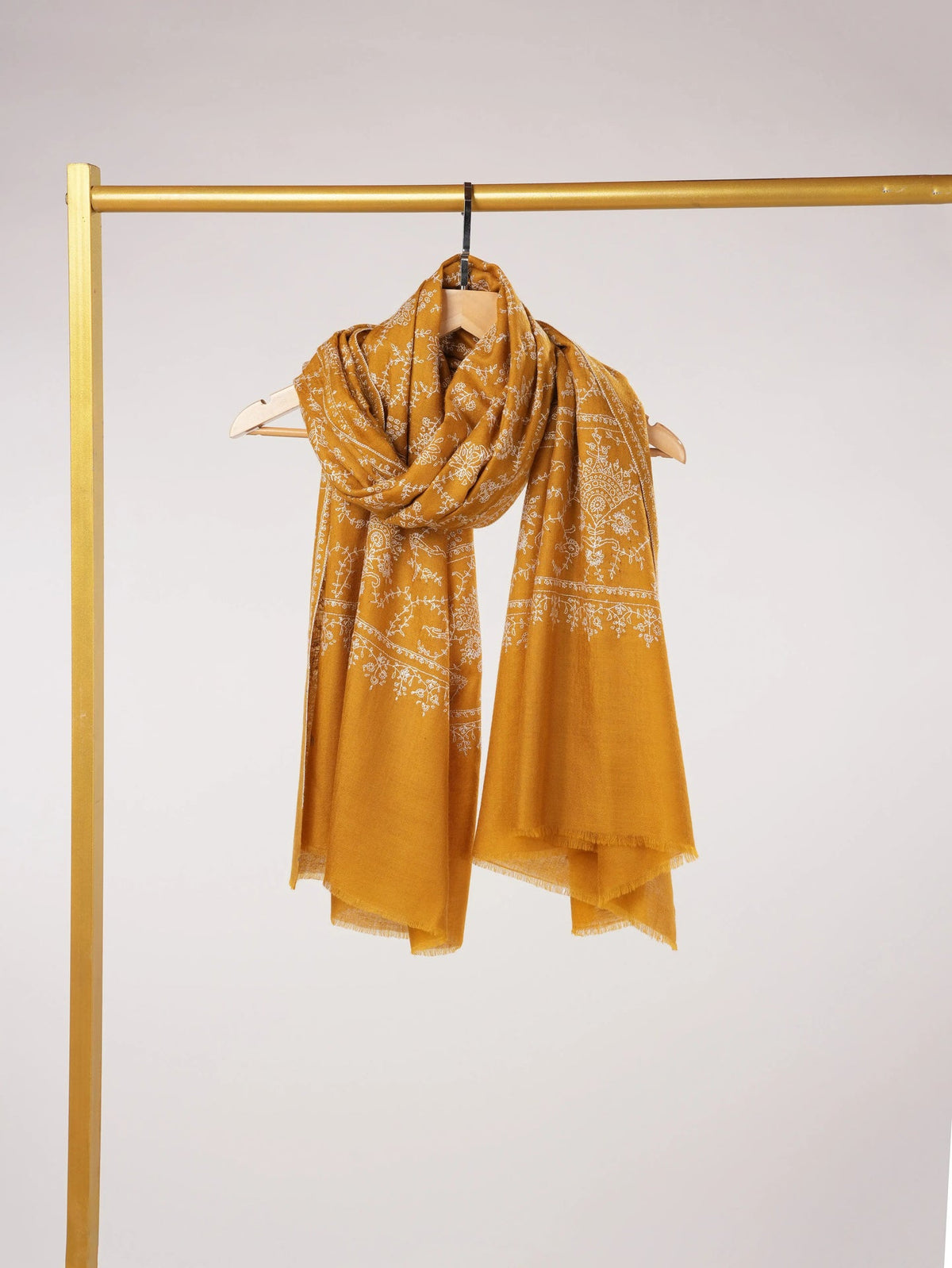 Mustard Jali Pashmina Shawl Handwoven in Kashmir with Hand Embroidery Shahkaar.com