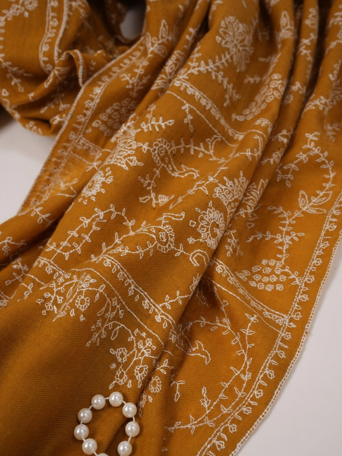 Mustard Jali Pashmina Shawl Handwoven in Kashmir with Hand Embroidery Shahkaar.com