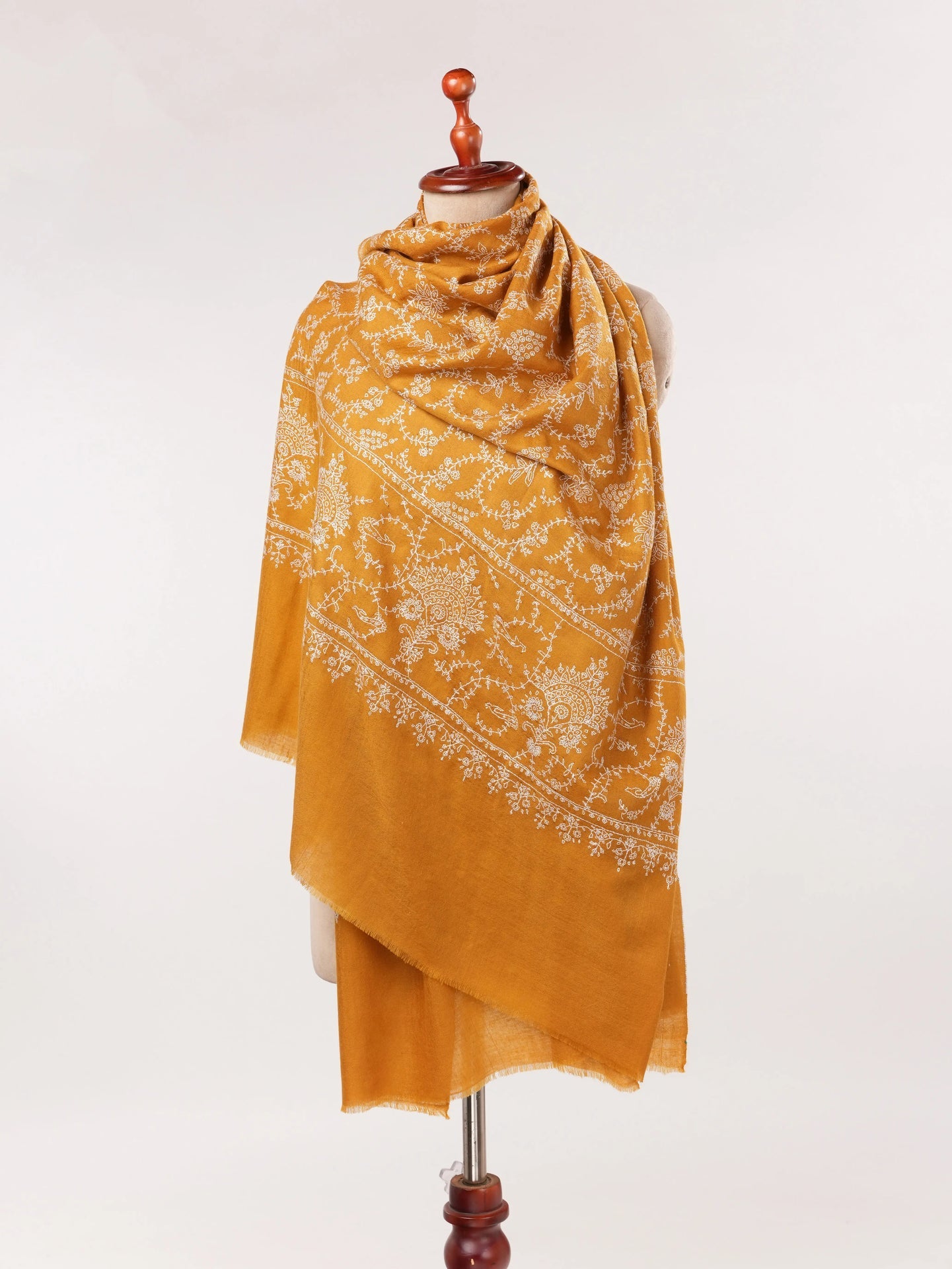 Mustard Jali Pashmina Shawl Handwoven in Kashmir with Hand Embroidery Shahkaar.com