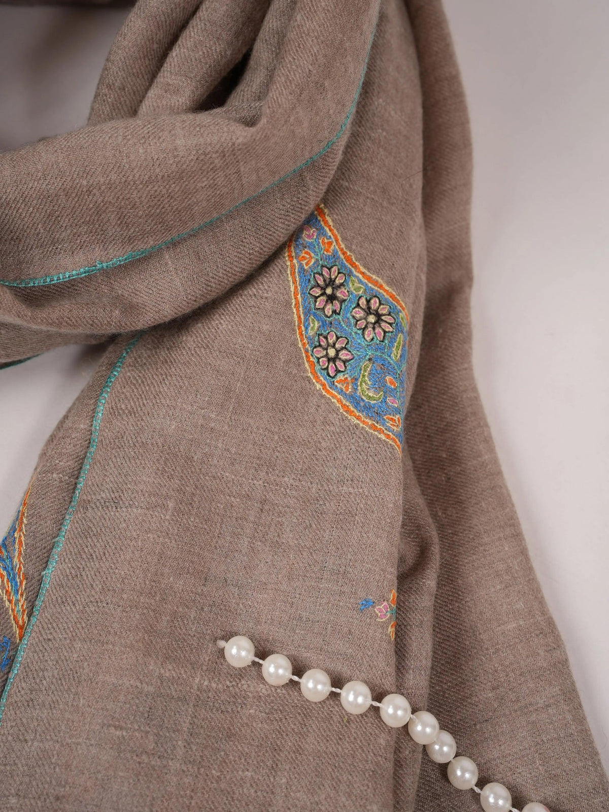 Beige Authentic Handwoven Pashmina Shawl with Buteh Hand Embroidery