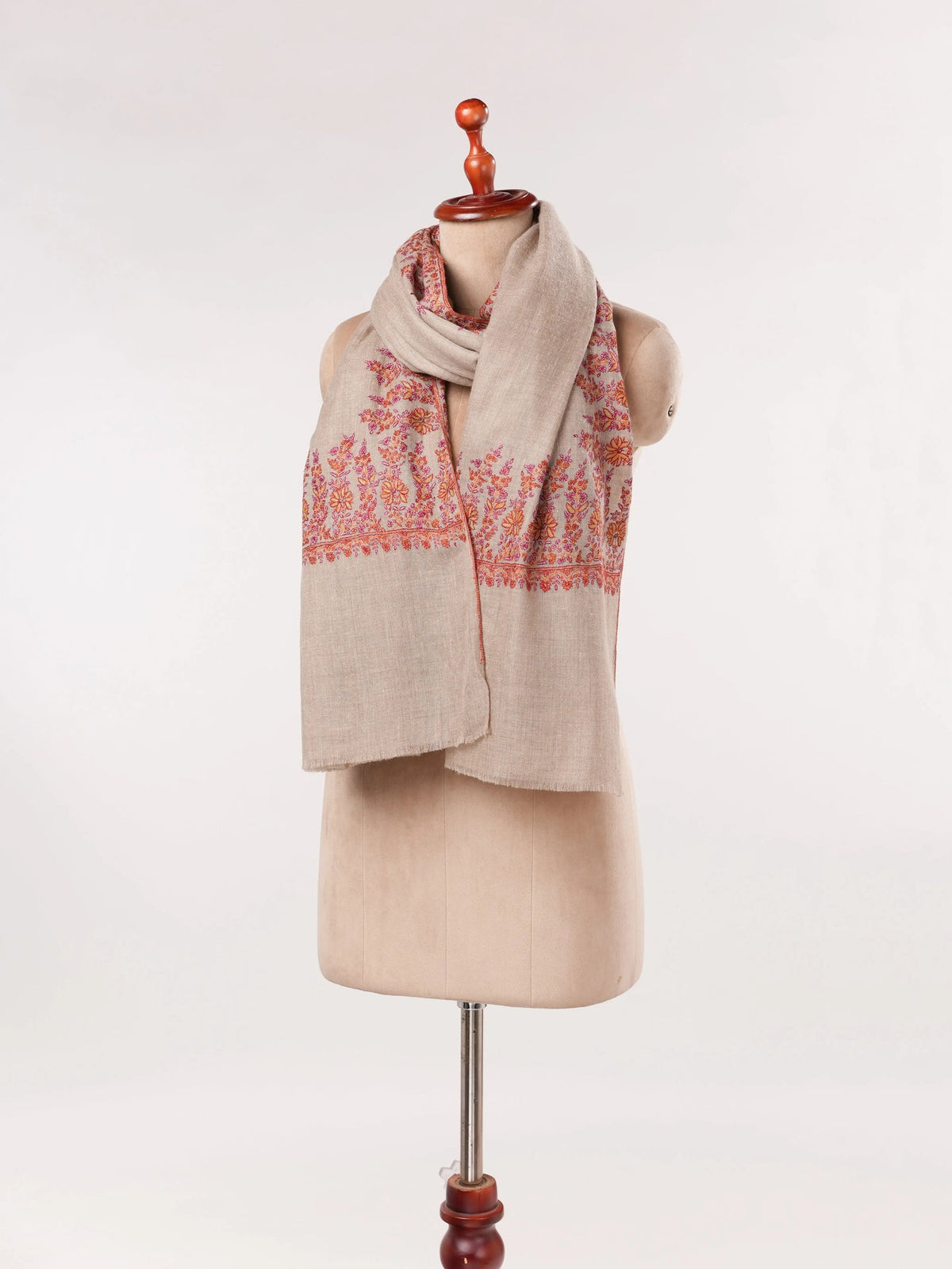 Sozni Daurdar Embroidered Natural Taupe Feather Light Pashmina Shawl Shahkaar.com