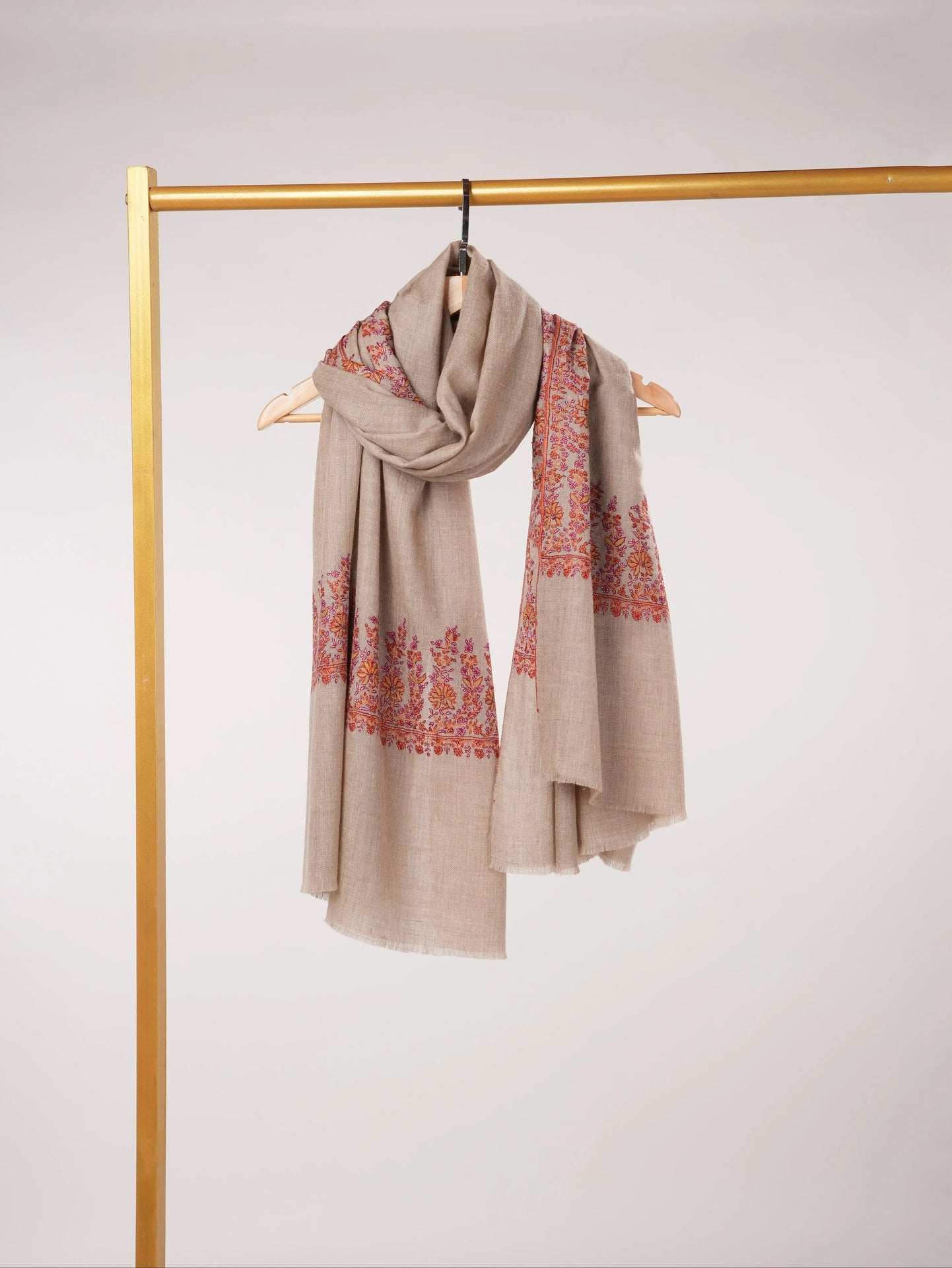 Sozni Daurdar Embroidered Natural Taupe Feather Light Pashmina Shawl Shahkaar.com