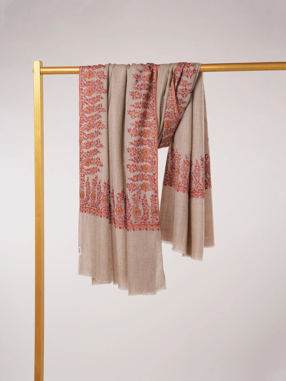 Sozni Daurdar Embroidered Natural Taupe Feather Light Pashmina Shawl Shahkaar.com