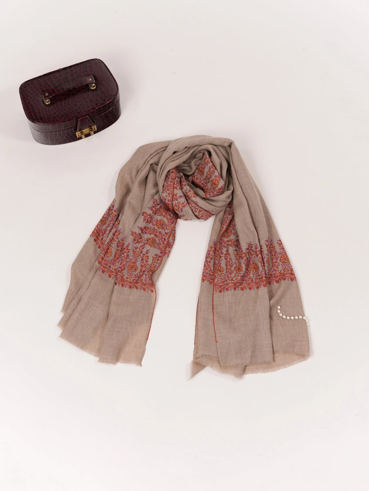 Sozni Daurdar Embroidered Natural Taupe Feather Light Pashmina Shawl Shahkaar.com
