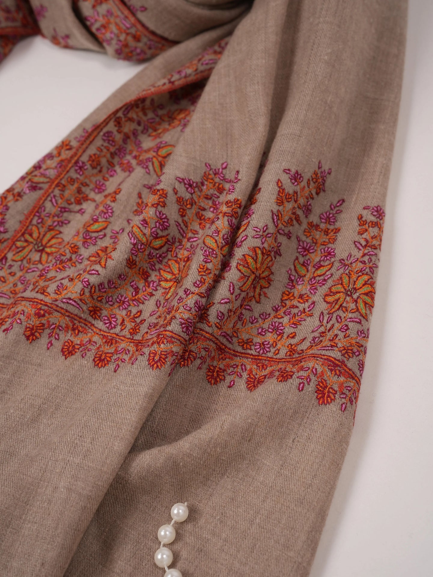 Sozni Daurdar Embroidered Natural Taupe Feather Light Pashmina Shawl Shahkaar.com