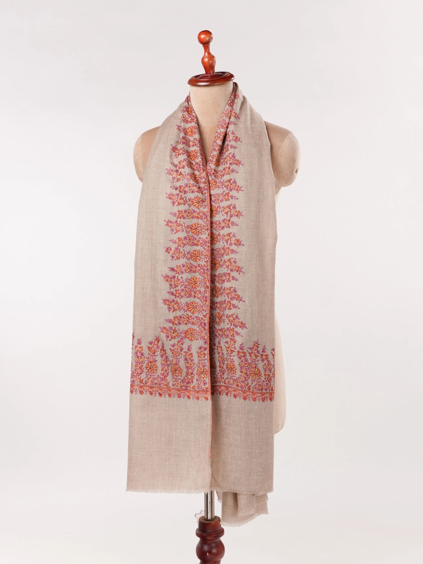 Sozni Daurdar Embroidered Natural Taupe Feather Light Pashmina Shawl Shahkaar.com