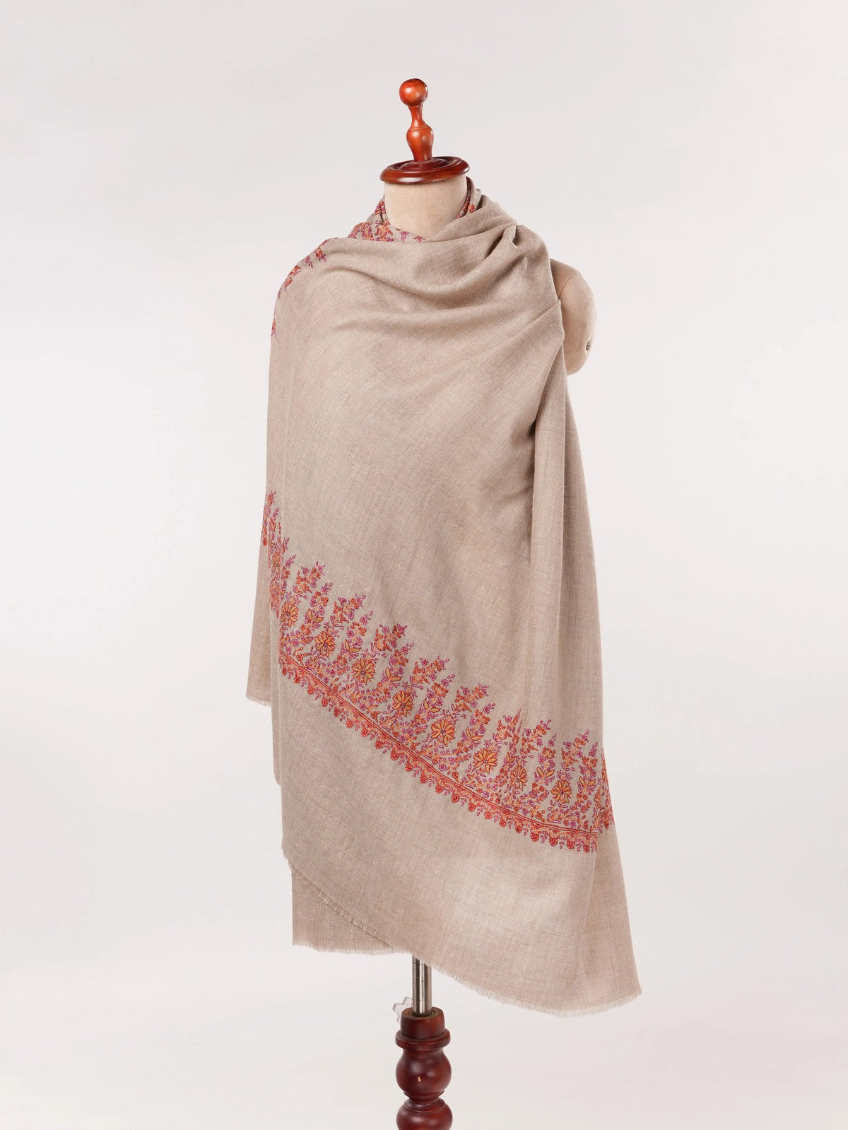 Sozni Daurdar Embroidered Natural Taupe Feather Light Pashmina Shawl Shahkaar.com